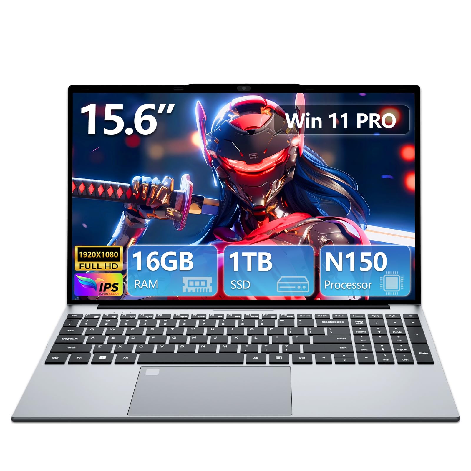 15,6 Inch Ordenador Portátil 13.ª Gen N150,16GB DDR4 SSD 1TB, Win 11 PC Portátil Pantalla 1920 x 1080P, Laptop Teclado Retroiluminado, Desbloqueo Huellas Dactilares, WiFI5, Webcam, USB3.0, HDMI