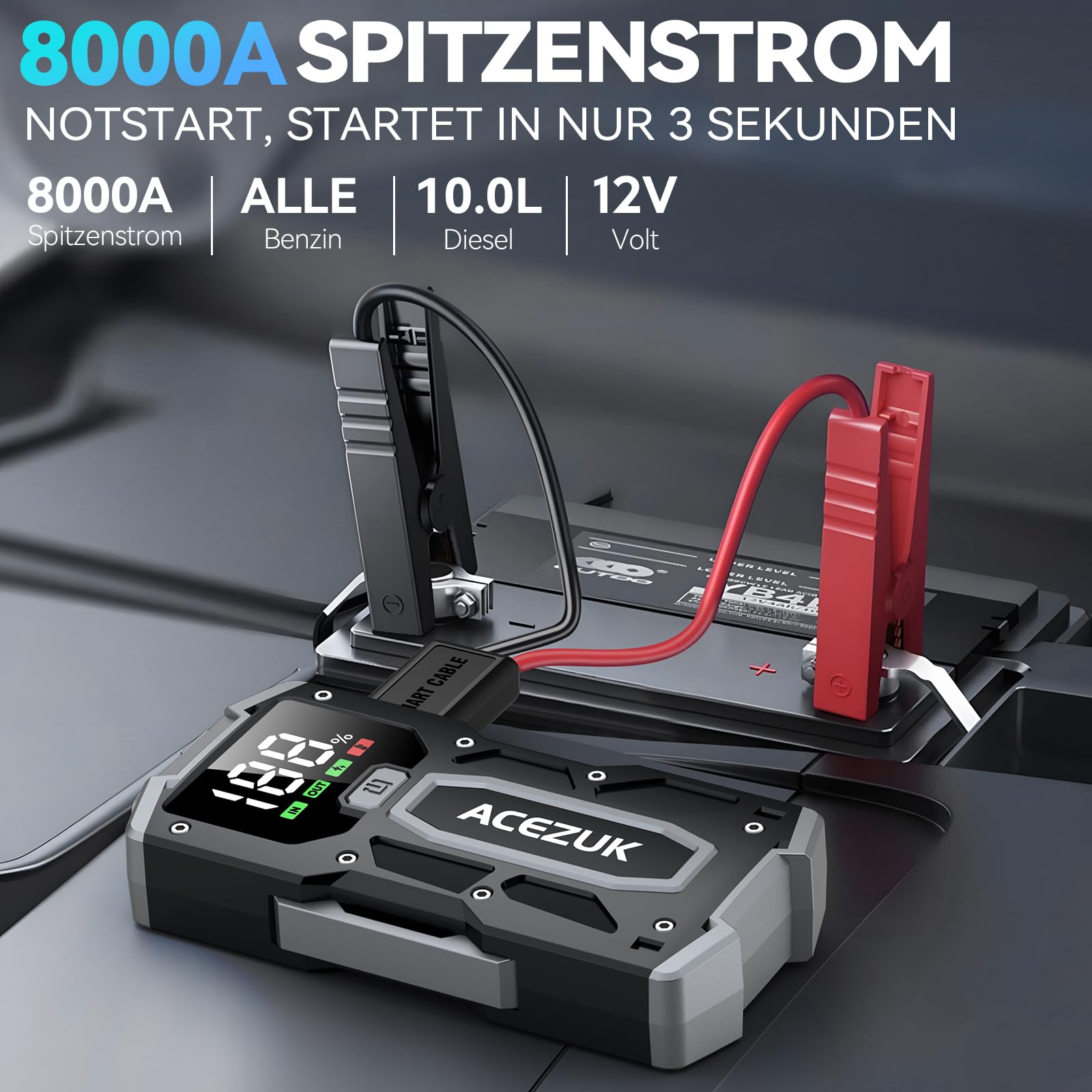 ACEZUK Starthilfe Powerbank 8000A, Leistungsstarker 12V Autobatterie Booster für PKW, SUV, Motorrad und Rasenmäher, Startet bis zu alle Benziner &10.0L Diesel, LCD-Großdisplay, LED-Notlicht