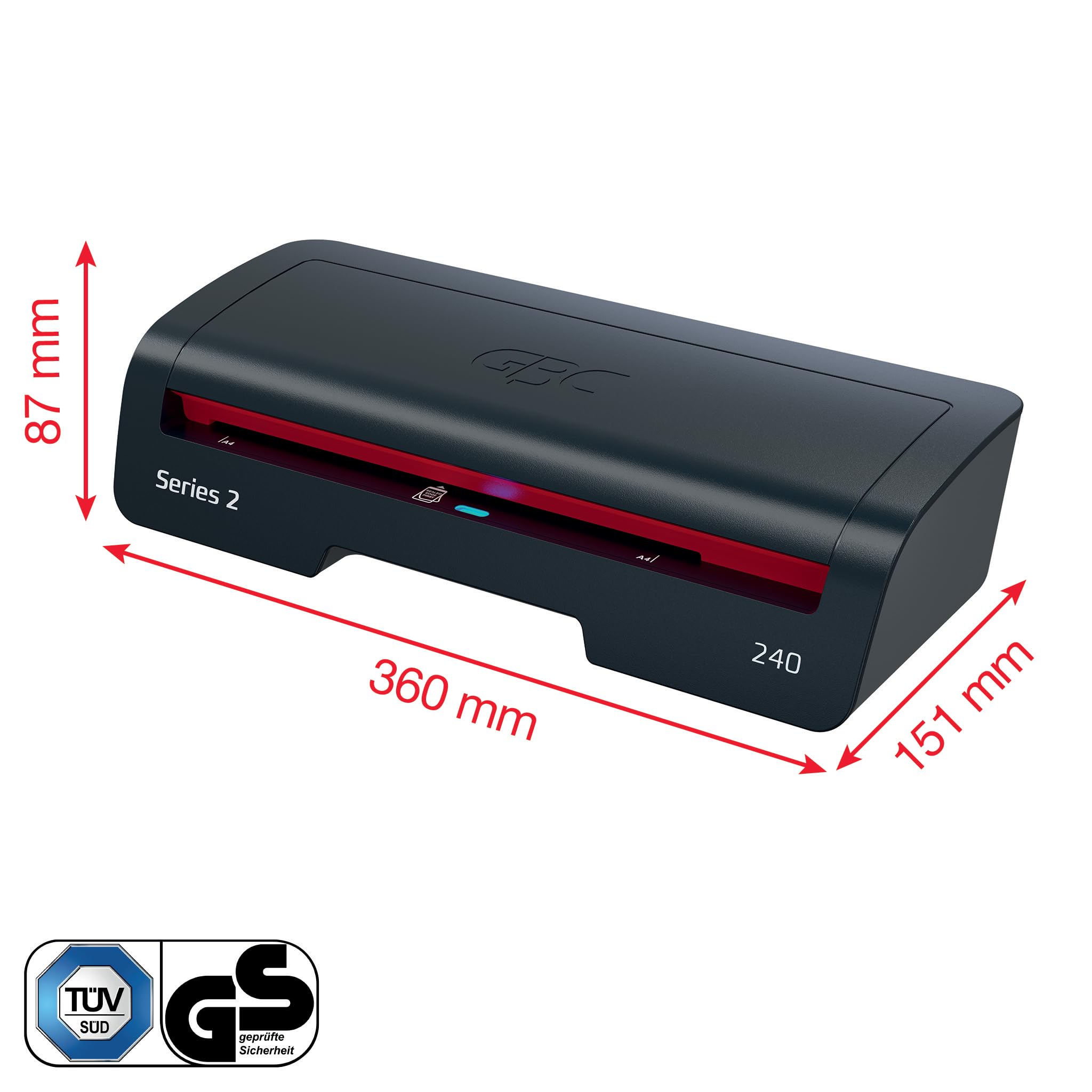 GBC 240 Home Office Laminator A4 – Szybkie nagrzewanie w 2 minuty, 75–125 mikronów, funkcja przeciw zacięciom, auto wyłączanie, zawiera 5x folii A4, czarno-czerwony, 4410068EU