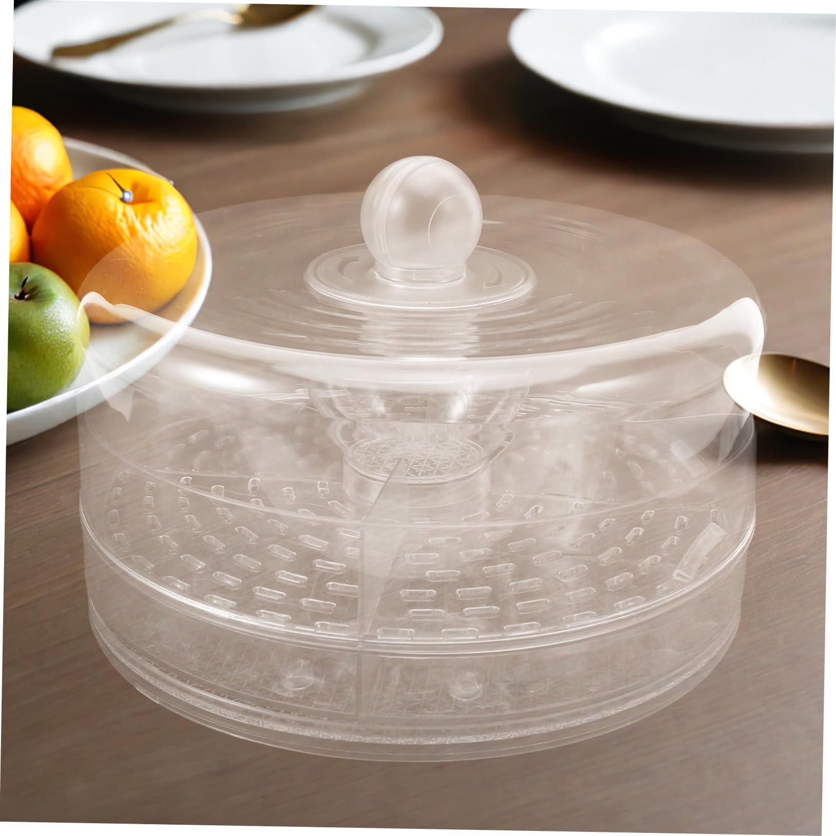 ULTECHNOVO Drehbarer Servierteller für Obst und Gemüse Transparente Kunststoffbox mit Deckel und Trennwänden Multifunktionale Lebensmittel-aufbewahrungsbox als Salatbehälter für Kühlschrank U