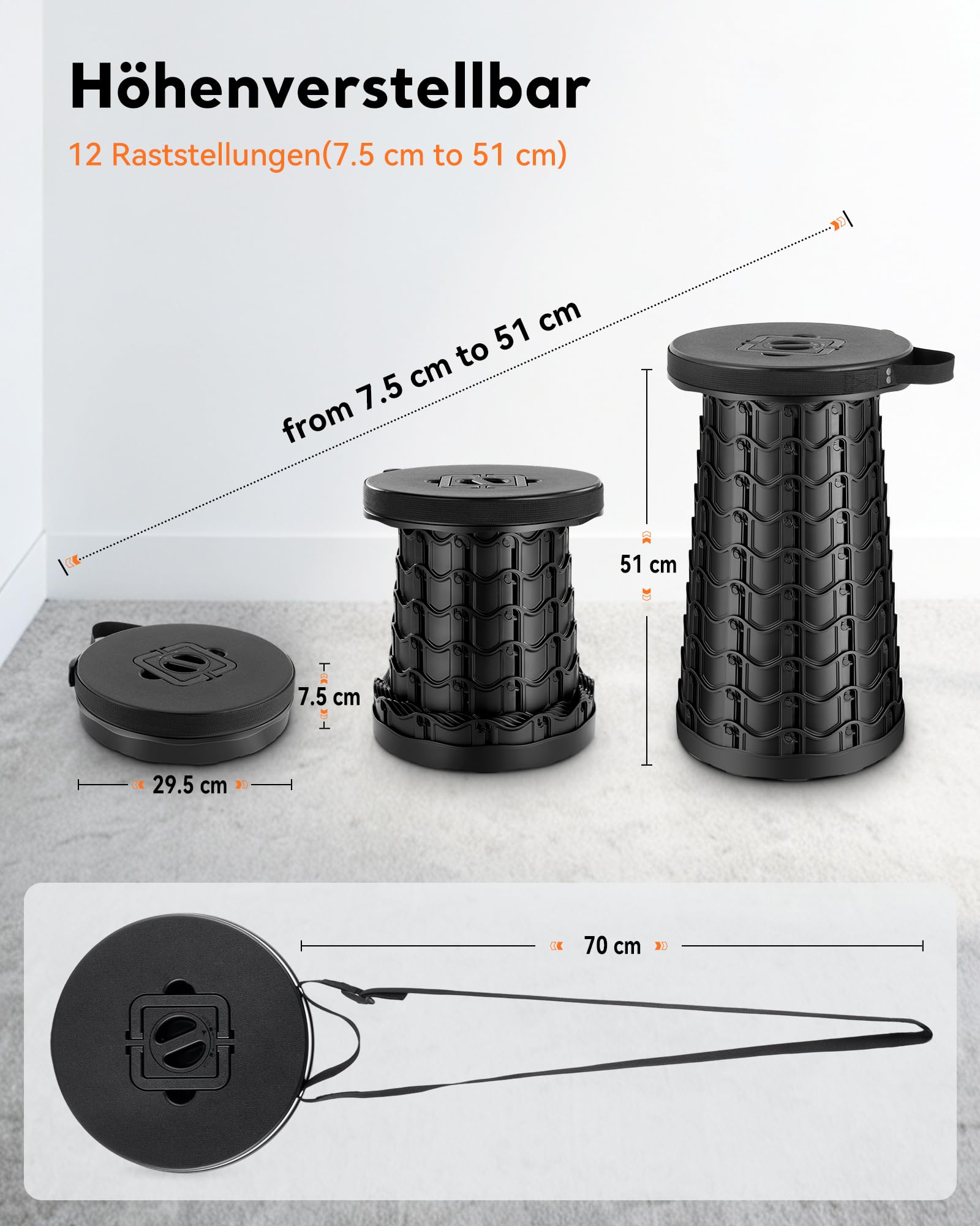 imodomio Tabouret télescopique pliable amélioré, assise élargie et surélevée, capacité de charge de 500 kg, hauteur réglable, tabouret de camping pliable pour camping, voyage, randonnée, tabouret pour