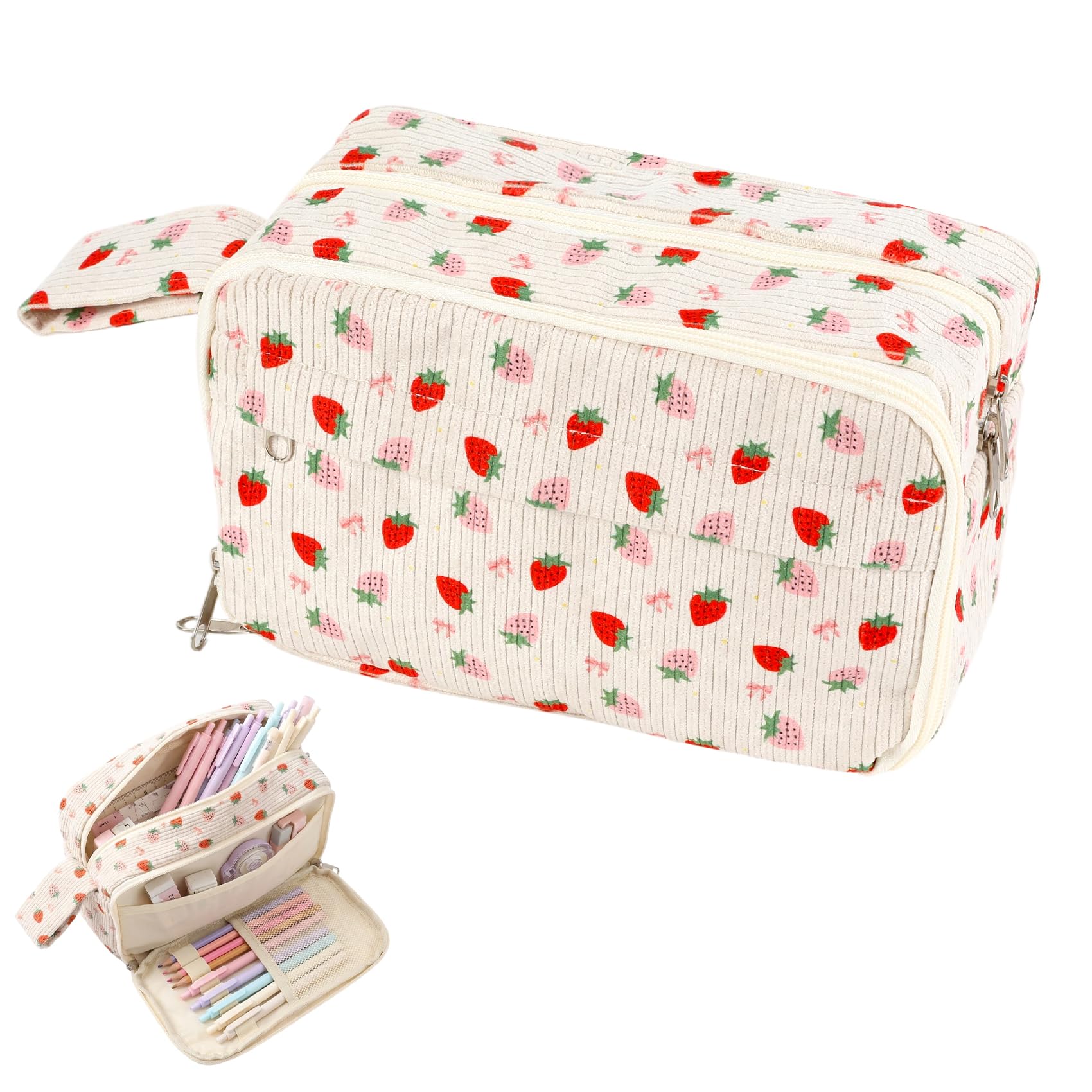 Pencil Case Large Capacity – Double-Layer Corduroy Pencil Pouch with 3 Compartments & Portable Handle, Strawberry Print Stationery Organizer for Teenage Girls Boys School College, Also Makeup Bag — image 1