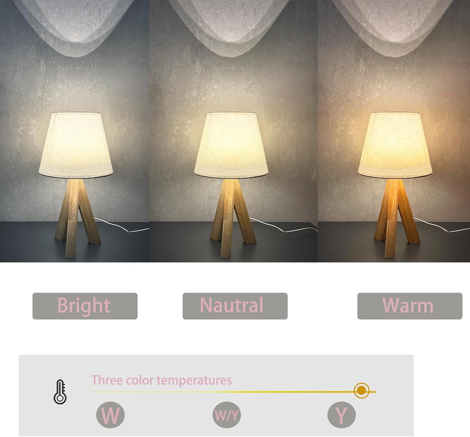 Tripod Table Lamp, Small Cute Bedside Lamp with Linen Beige Lampshade, Nightstand Lamp for Nursery, Bedroom, Kid Room, Living Room, Light Brown Wooden Base, E26 Socket, 12.8Inch, 3000K, 4500K, 6000K