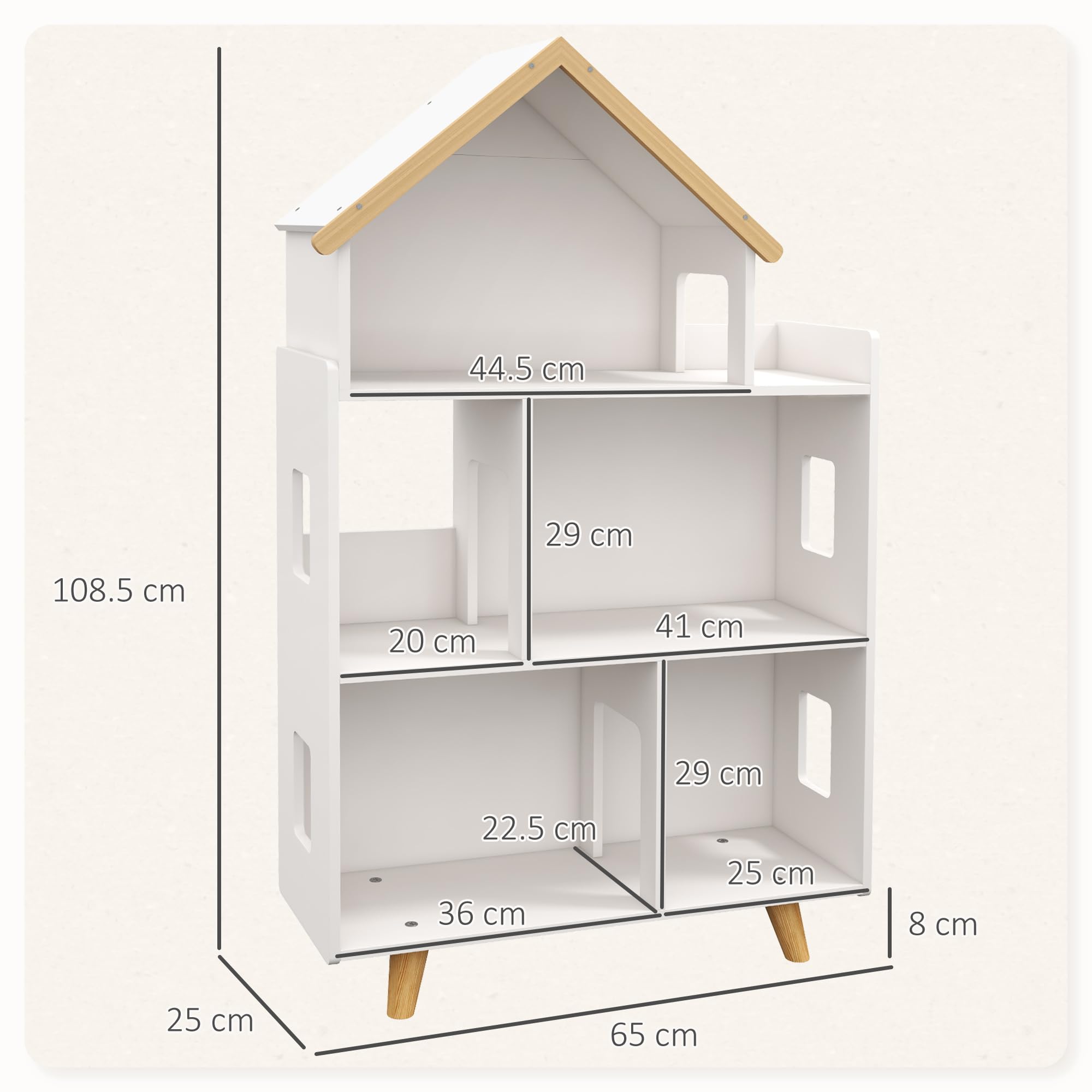 ZONEKIZ Libreria per Bambini 3-6 Anni a 3 Livelli per Libri e Giochi, in MDF e Legno di Pino, 65x25x108.5 cm, Bianco