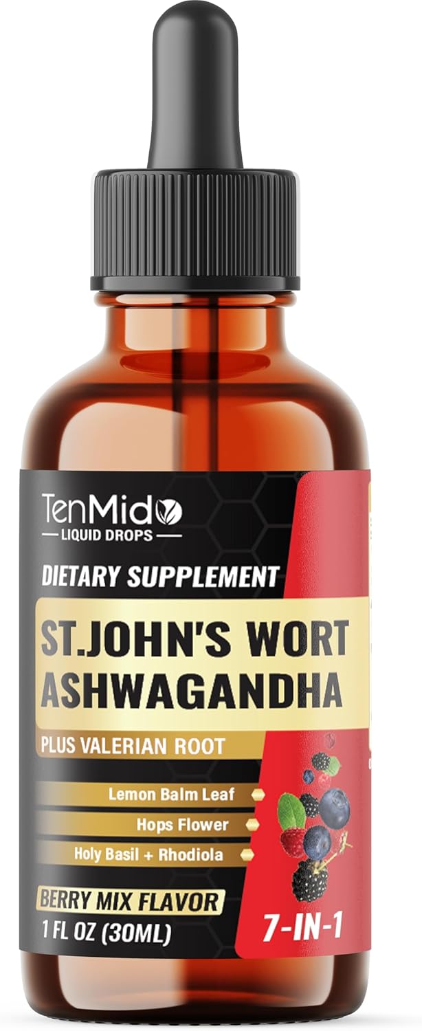St Johns Wort Tincture – Liquid Herbal Extract Supplements – 7in1 with Ashwagandha, Valerian, Lemon Balm, Hops Flower, Holy Basil, Rhodiola Rosea – 30ml 1 Fl Oz