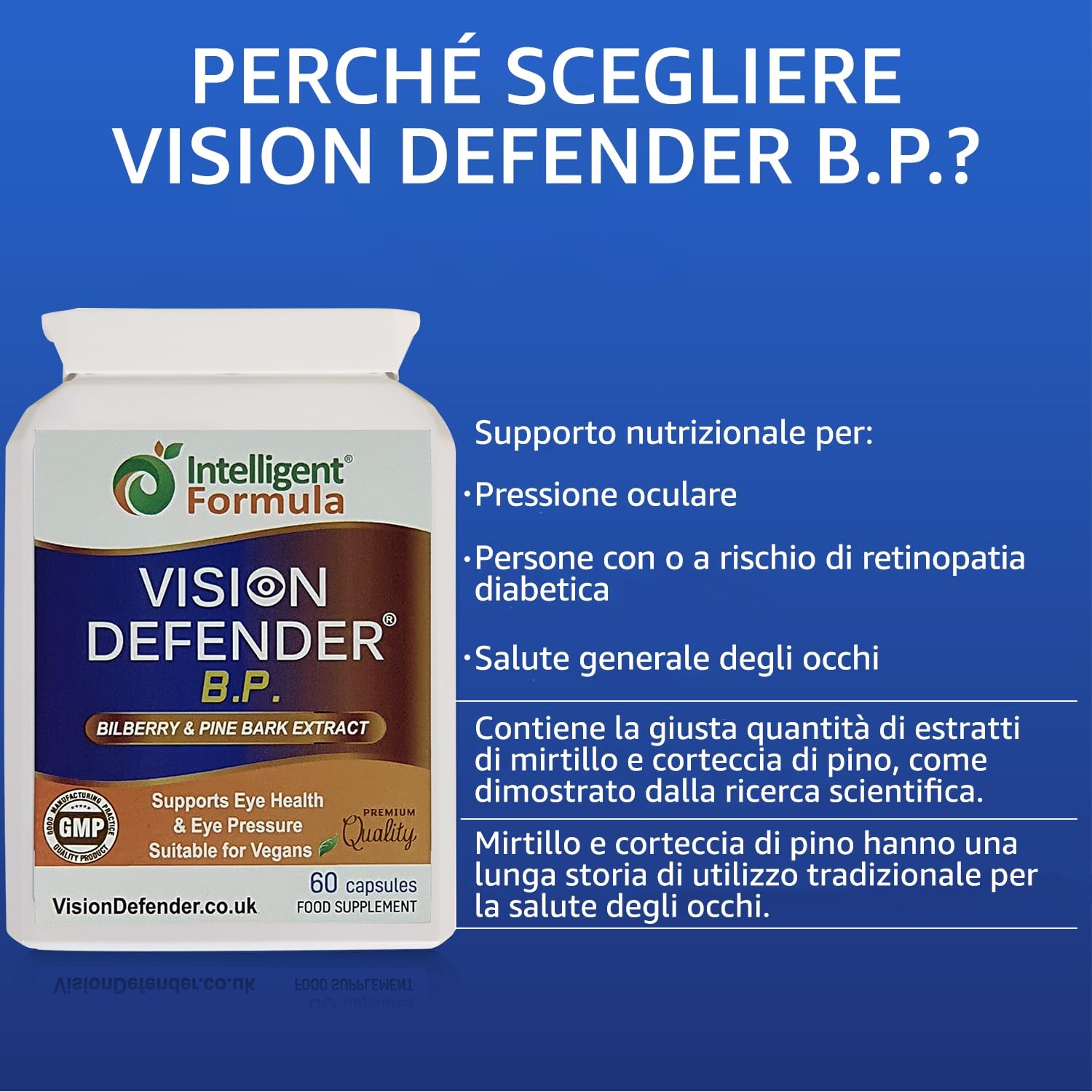Supplemento di estratto di corteccia di mirtillo e pino: VISION DEFENDER BP– Antiossidanti Antociani e procianidine per la pressione oculare e il supporto per la salute degli occhi (60 capsule vegane)