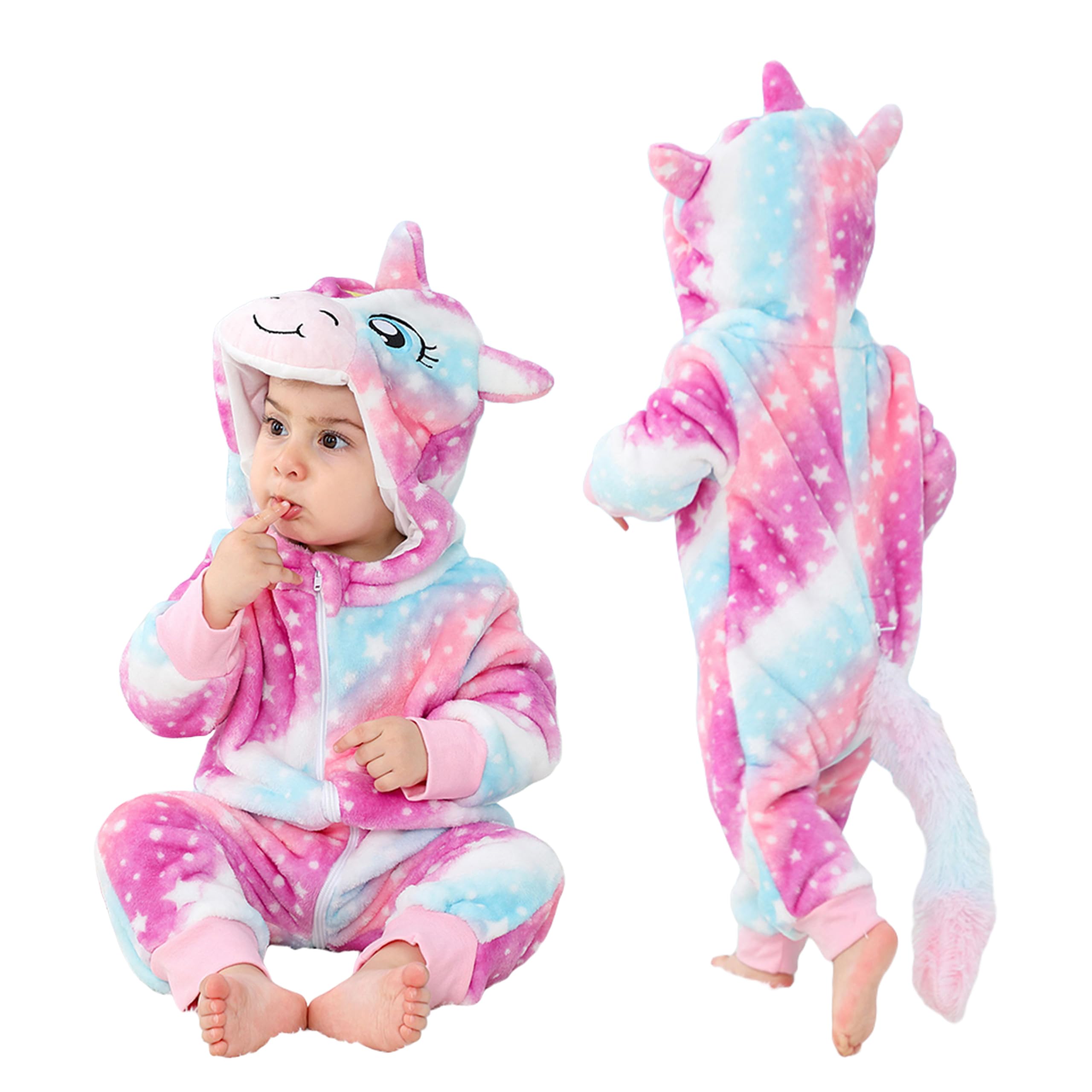 LOLANTA Baby Girl Halloween Costumes, Infant Romper, Toddlers Fleece Hooded Jumpsuit, Cute Colorful Bodysuit Christmas Gifts (Multicolor, 12-18months)