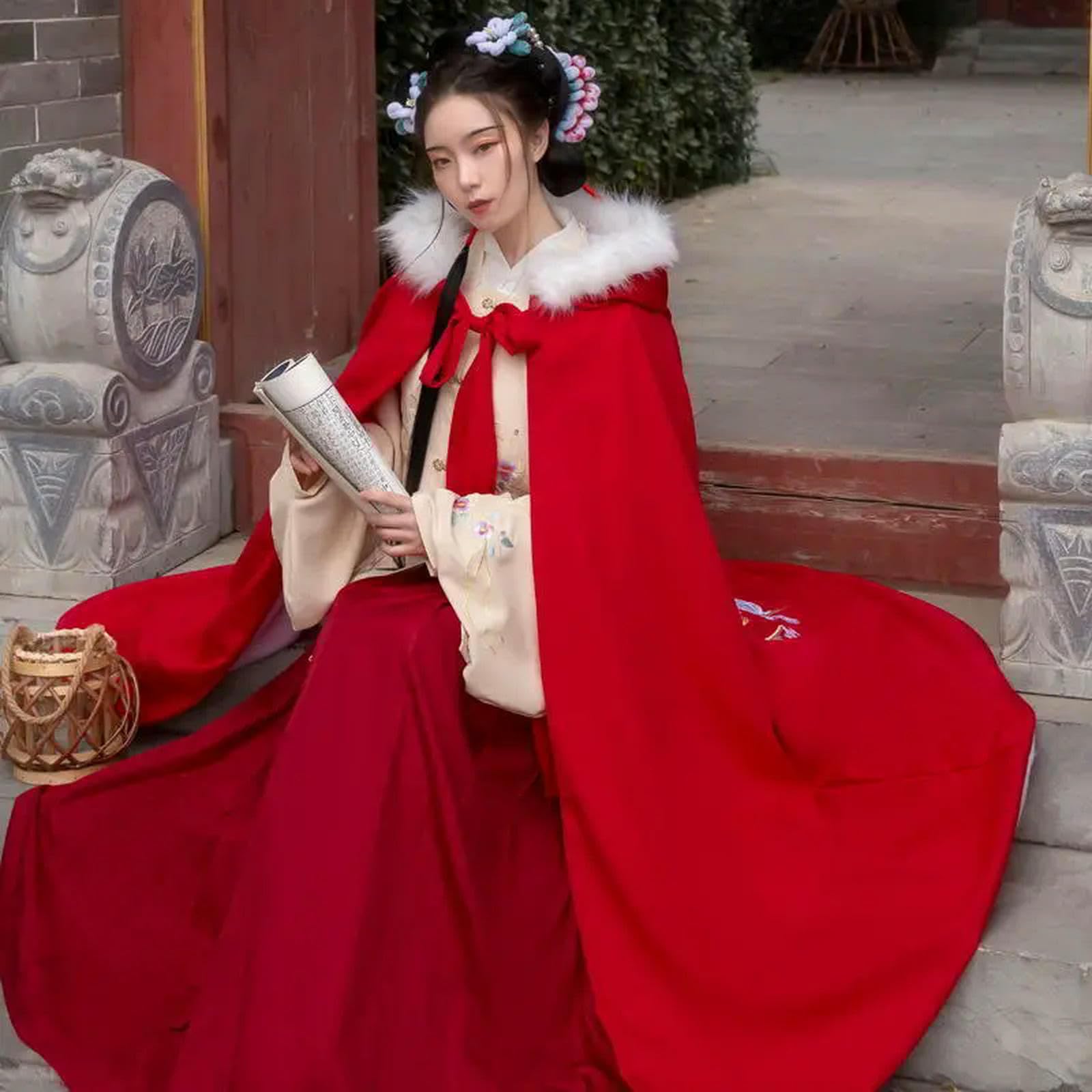 ApuaVireo&Co Hanfu Czarny Czerwony Kolor Haftowany Płaszcz Zimowy Zagęszczony Wydajny Ubranie Dziewczyna Halloween Kostium Cosplay