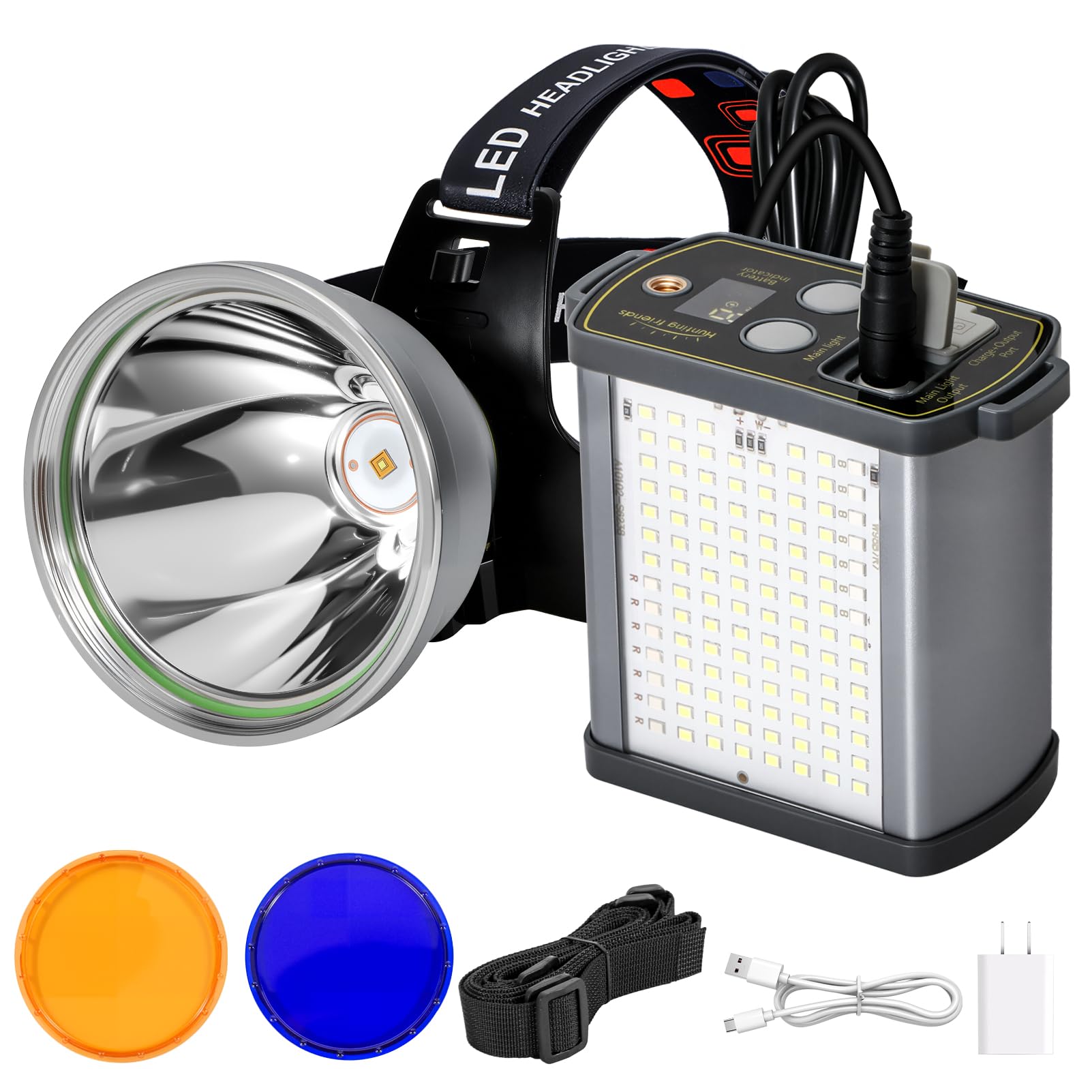 Lampada frontale a LED ricaricabile da 30 W, 15000 mAh, ultra luminosa, impermeabile, con alloggiamento in lega di alluminio e luce laterale, ideale per campeggio, escursionismo, caccia, pesca, uso di