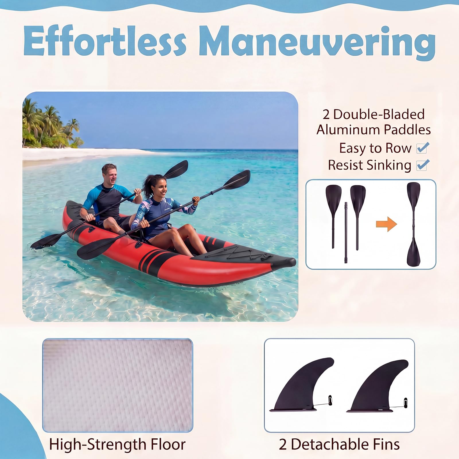 GYMAX Kayak Inflable, Kayak tándem de 12.5 pies y 230 kg con 2 paletas de Aluminio, 2 Asientos Acolchados, reposapiés, 2 Aletas, Bomba de Mano, Bolsa de Transporte y Kit de reparación, Kayak de Pesca