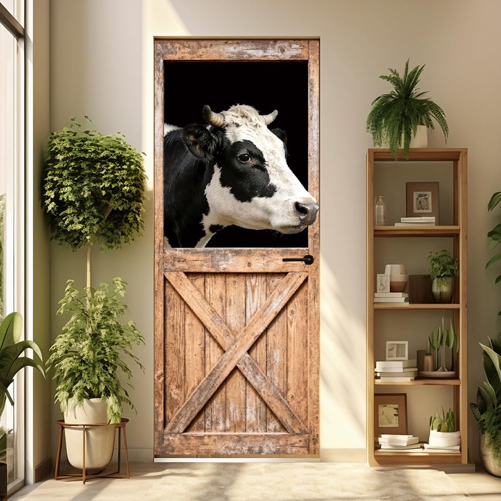 CRAFTYMELODY Door Sticker Peel Stick Removable Self Adhesive Door Mural Decal Vinyl PVC Waterproof Door Cover Wallpaper for Home Office Shop Decoration 31.48×78.74 Inch Barn Cow — image 1