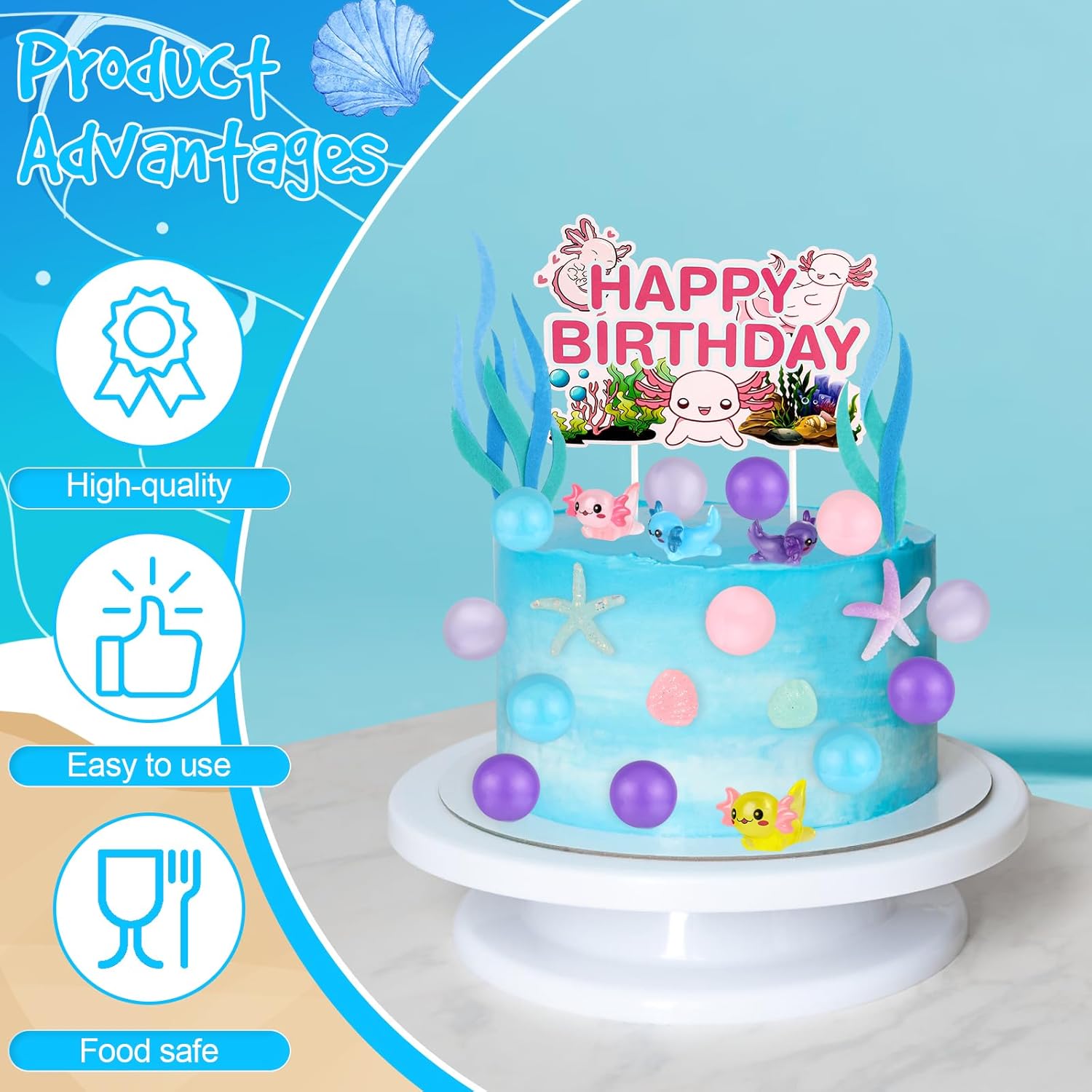 37 Pcs Axolotl Cake Topper Axolotl Birthday Decorations Include 1 Axolotl Happy Birthday Cake Topper 2 Bags Artificial Seagrass 34 Pcs Salamander Toy Ball Decorations for Kids Girls Party Supplies - Image 4