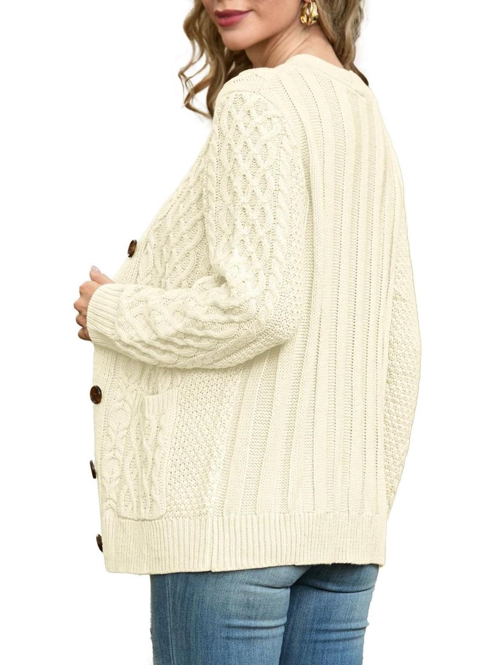GRECERELLE Cardigan en tricot Aran à manches longues boutonné surdimensionné pour femme avec poches pour l'hiver, l'automne et le printemps