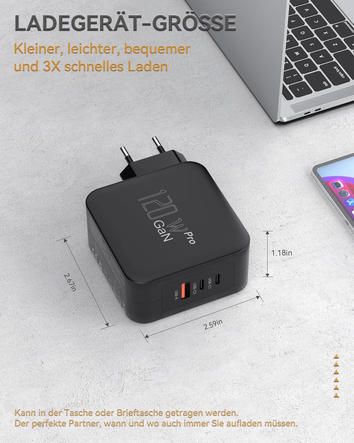 BIUBOTY Caricatore USB C, 3 porte, alimentatore di rete per computer portatile, 120 W, GaN Tech PD PPS, caricatore rapido, adattatore di ricarica per MacBook Pro/Air, iPhone 15/14/13/12, iPad Pro