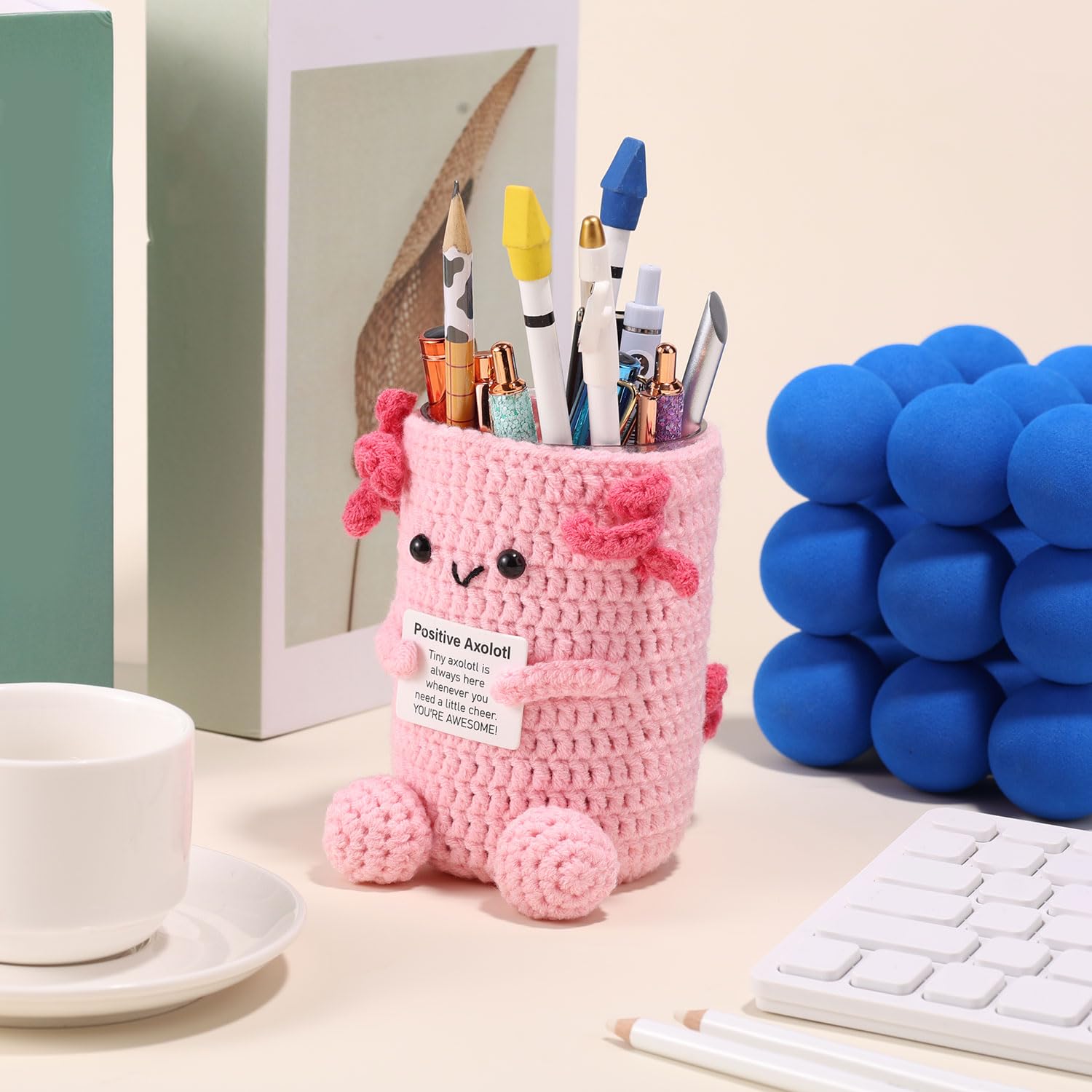 Lyreh Crochet Axolotl Pen Holder, Positive Animal Holder with Encouragement Card Cute Pencil Case Pouch Accessories Back to School Supplies for Boosting Student Motivation & Organize Desk (Pink) - Image 4