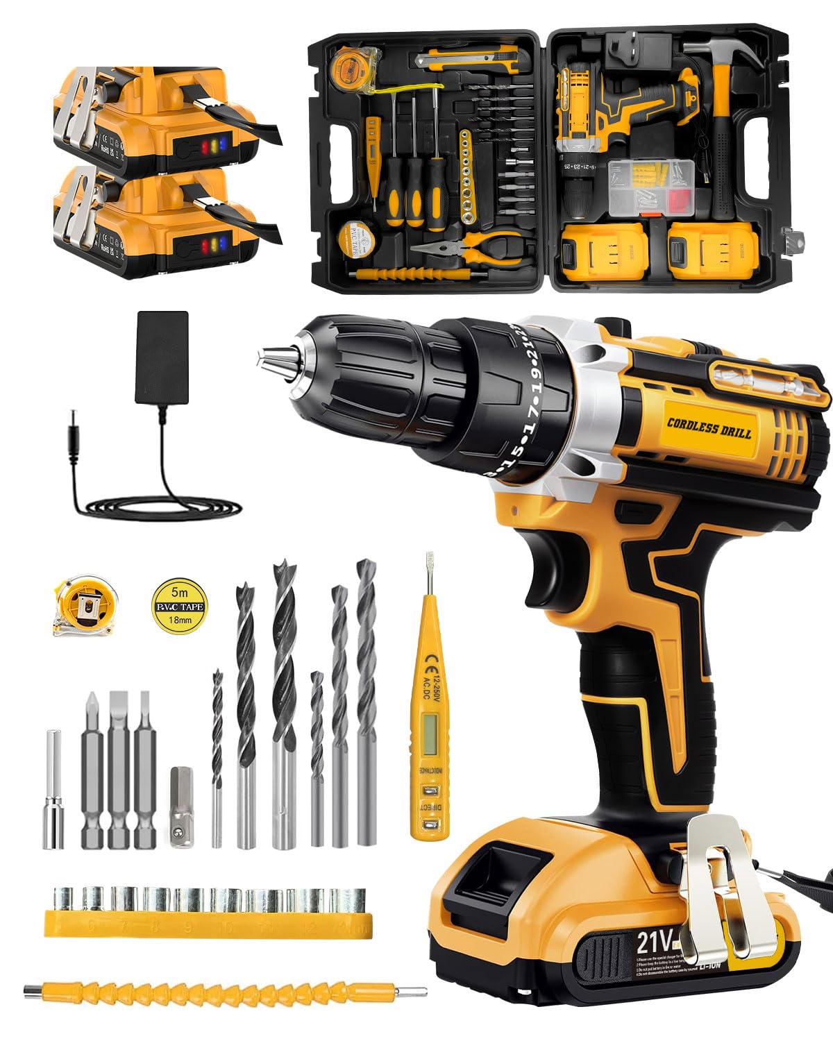 Maxesla 99PCS Cordless Drill Set 21V, 25+3 Torque Combi Drill with 2.0AH Battery, 42N.m Max Electric Screwdriver Kit, 2 Variable Speed, LED Work Light, Home and Garden DIY Project Kit