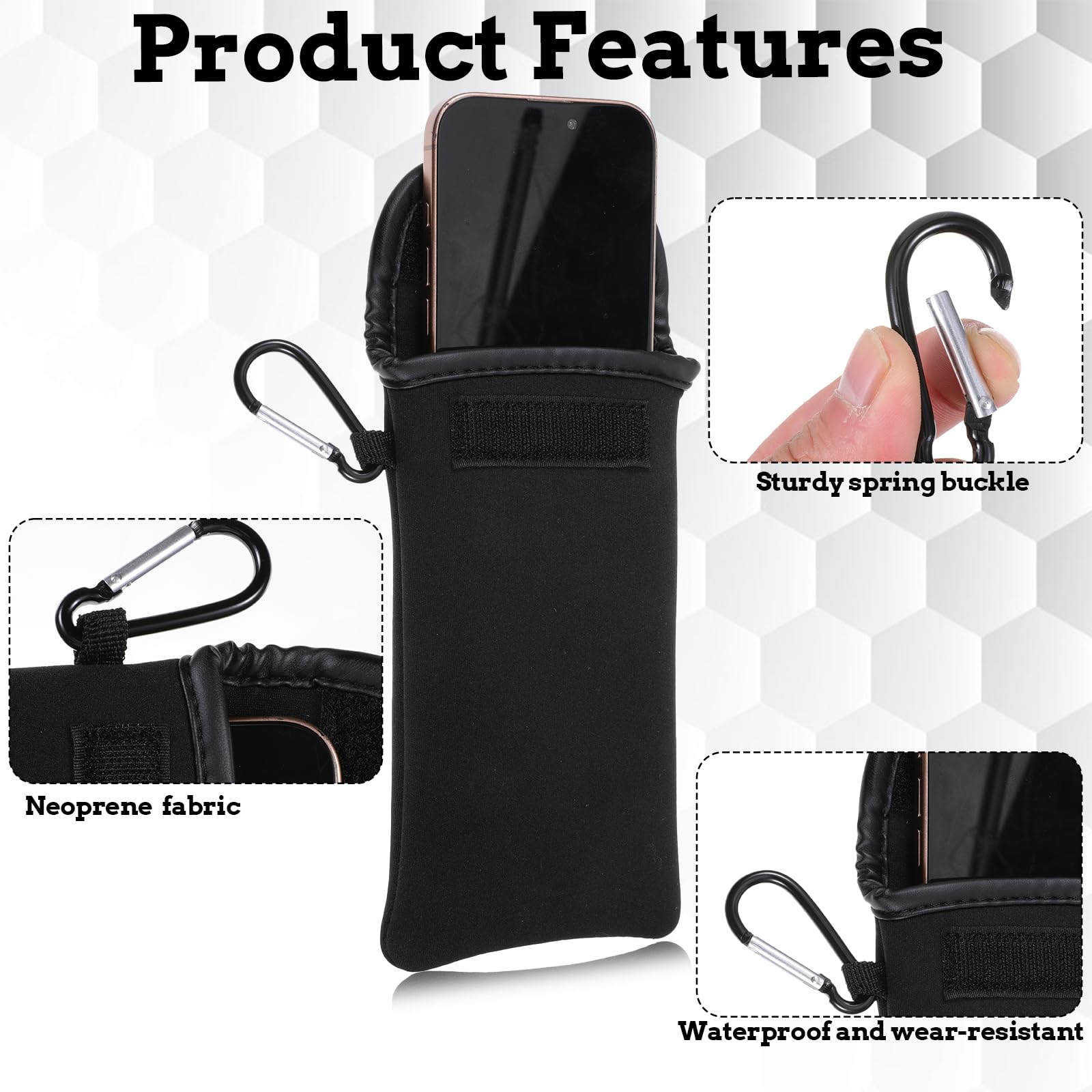 Neopren Handy Tasche mit Umhängeband und Karabiner Universelle Handytasche 7 Zoll Lang (Schwarz)
