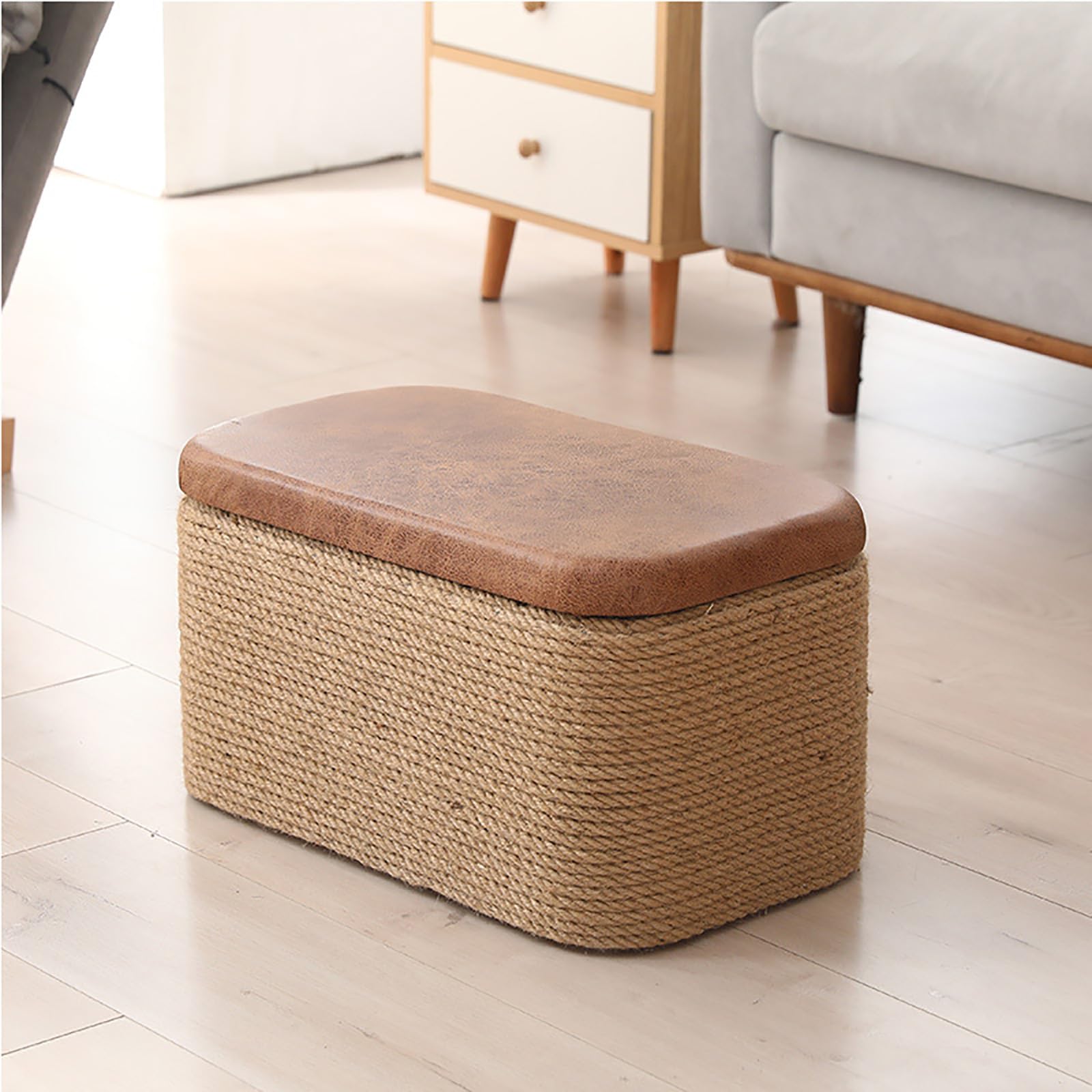 Pouf multifonctionnel en bois rustique pour ranger les chaussures et optimiser votre salon