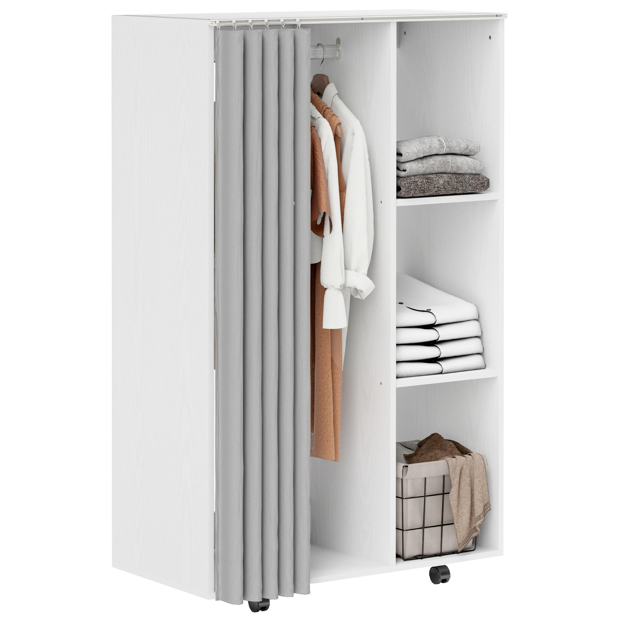 HOMCOM Armoire penderie Meuble de Rangement Mobile 4 roulettes avec Tringle à vêtements et étagères Ouvertes, penderie vêtement Dressing Roulant pour Chambre à Coucher, 80x40x128cm, Blanc