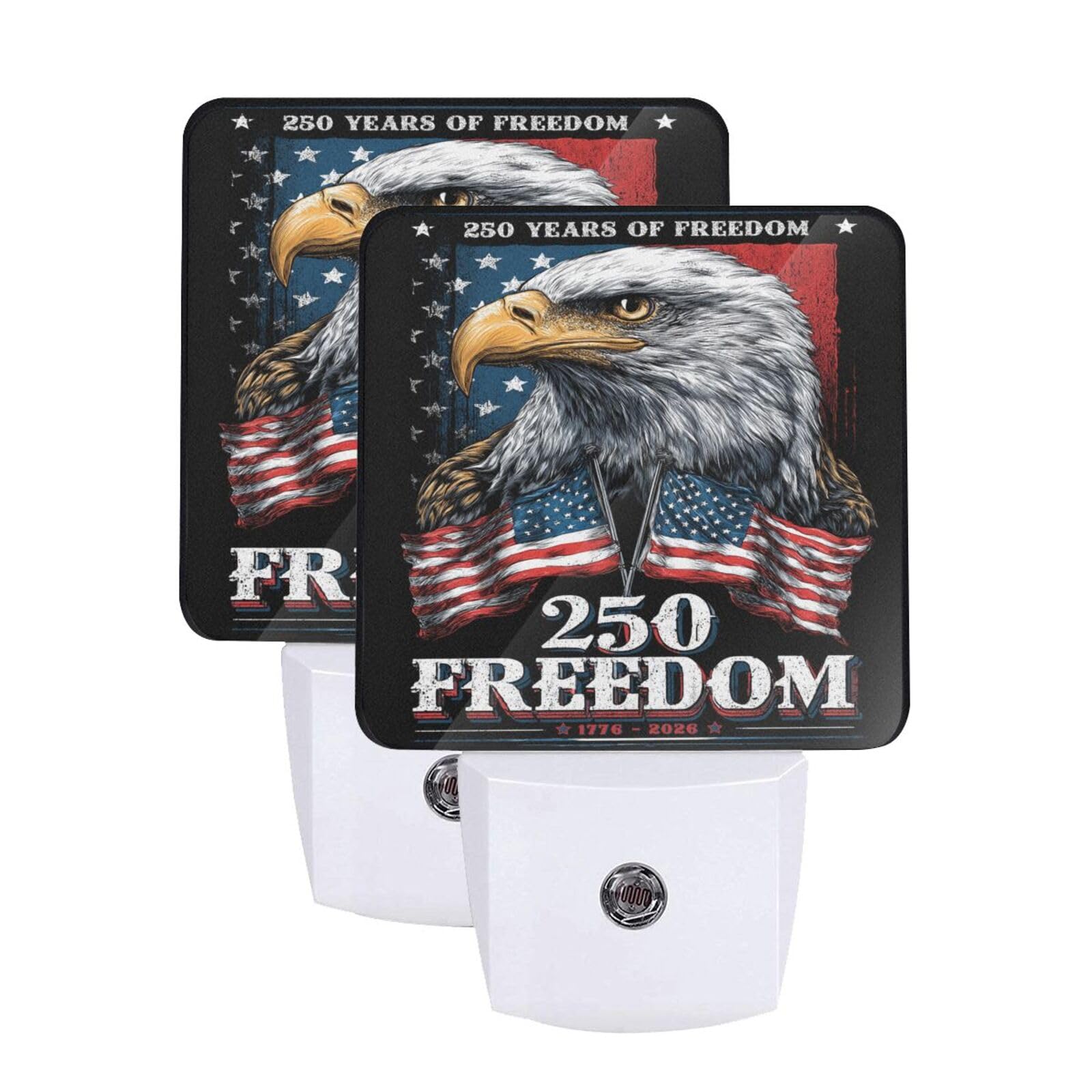 Patriotic Eagle Night Light Set of 2, 250 Years Anniversary Auto Sensor LED Dusk-to-Dawn Nightlights, Plug-in Sensor Lamp for Bedroom Bathroom Kitchen Hallway Stairs Decorative