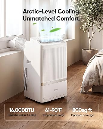 16,000 BTU Portable Air Conditioners for Rooms up to 800 Sq Ft, Drainage-Free Cooling AC Unit with Smart App & Remote, Quiet Portable AC Unit with Dehumidifier & Fan, Sleep Mode for Home Office