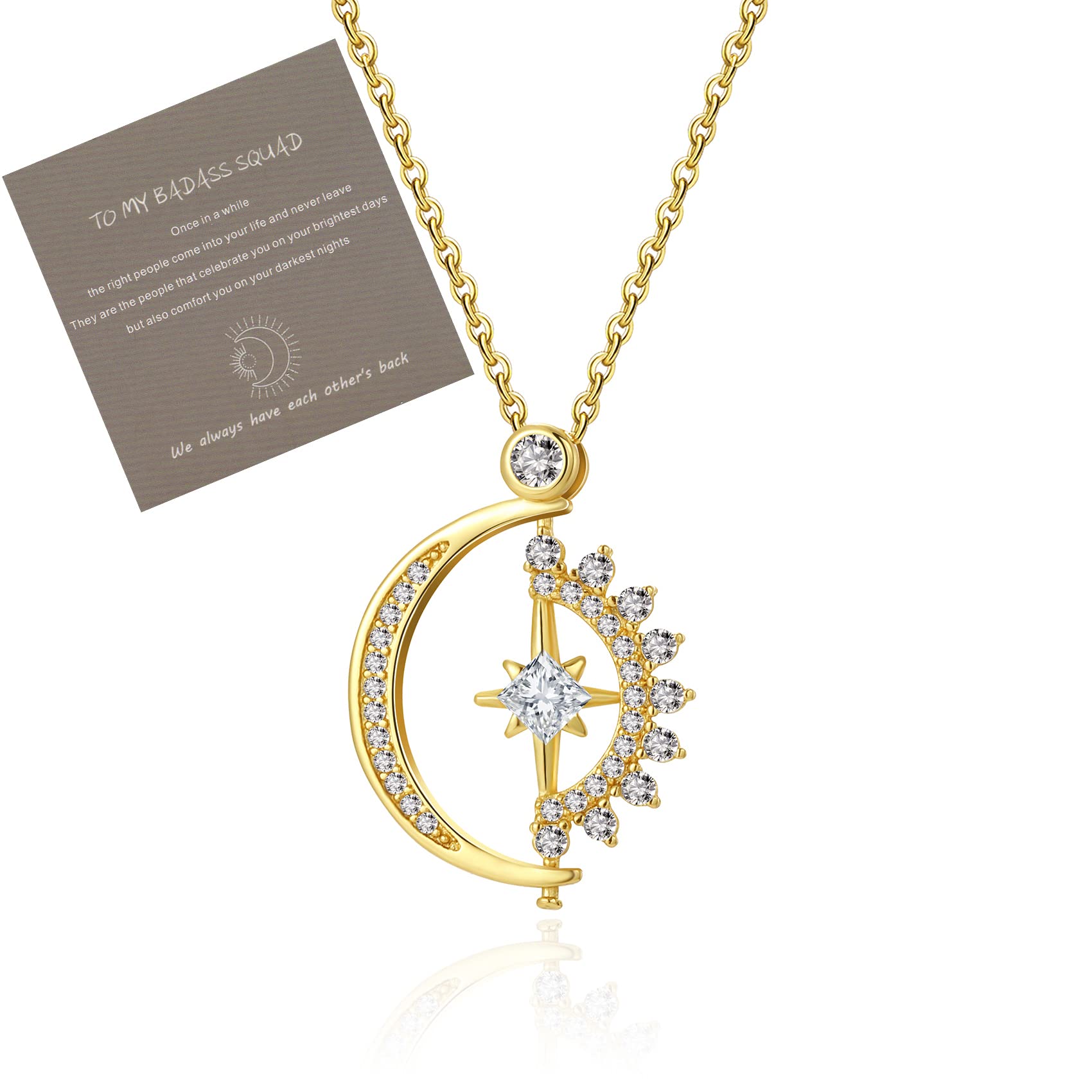 Akrxisoto My Badass Squad Necklace 14k Gold Plated Sun Star Moon Necklace Rotatable Spin Crescent Pendant Chain Necklace Friendship Jewelry Gift for Women Girls Friend