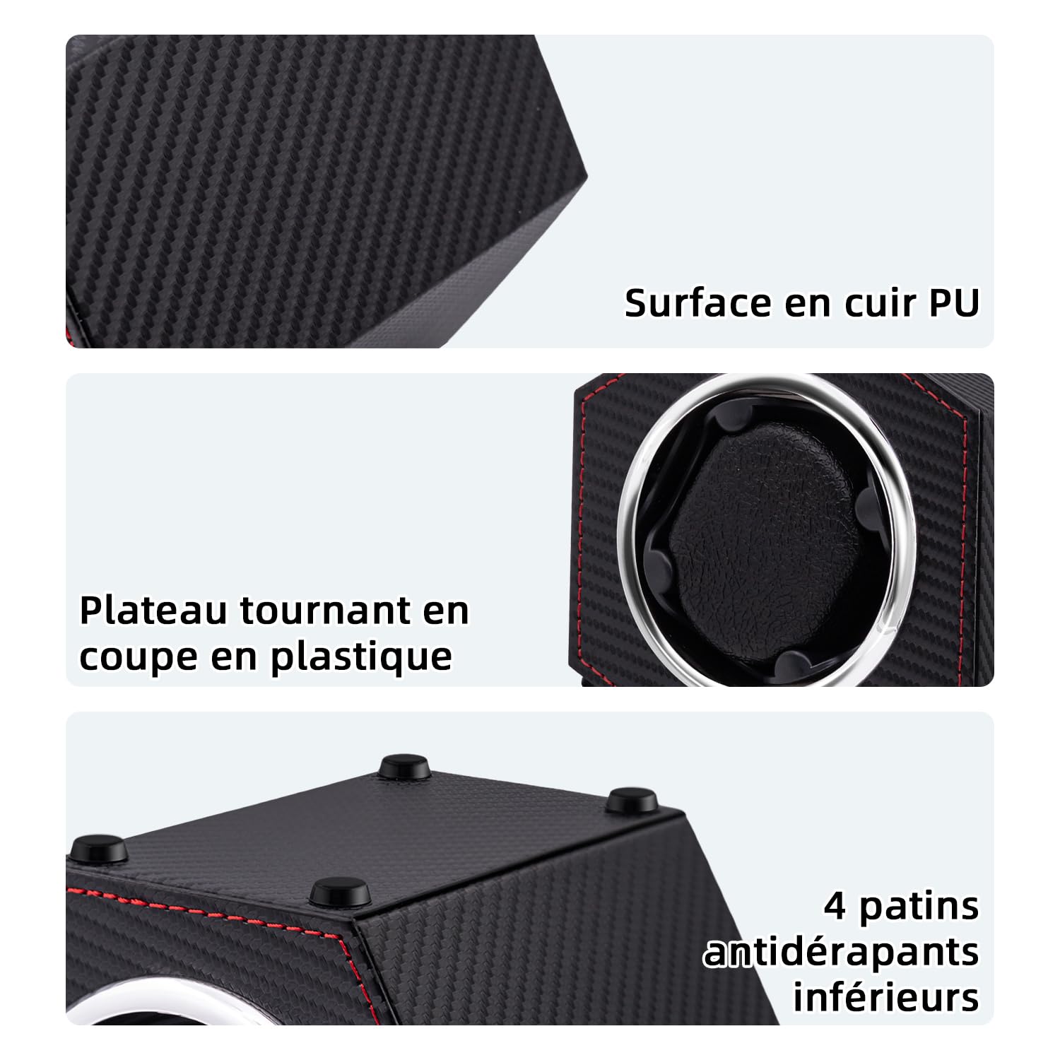 Mcbazel Remontoir de Montre Automatique Rotatif 1 Slot - Boîte Hexagonale en Cuir PU avec Port Type-C - Fibre de Carbone