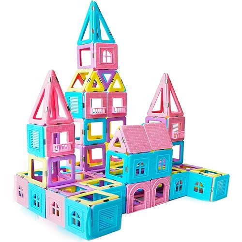 Magnetic Tiles Magnet Blocks for 3 4 5 6 7+ Year Old Boys Girls Macaron Castle Magnetic Building Blocks for Toddlers 3-5, 4-8, Building Blocks for Kids Ages 3+ Birthday Gifts 124pcs
