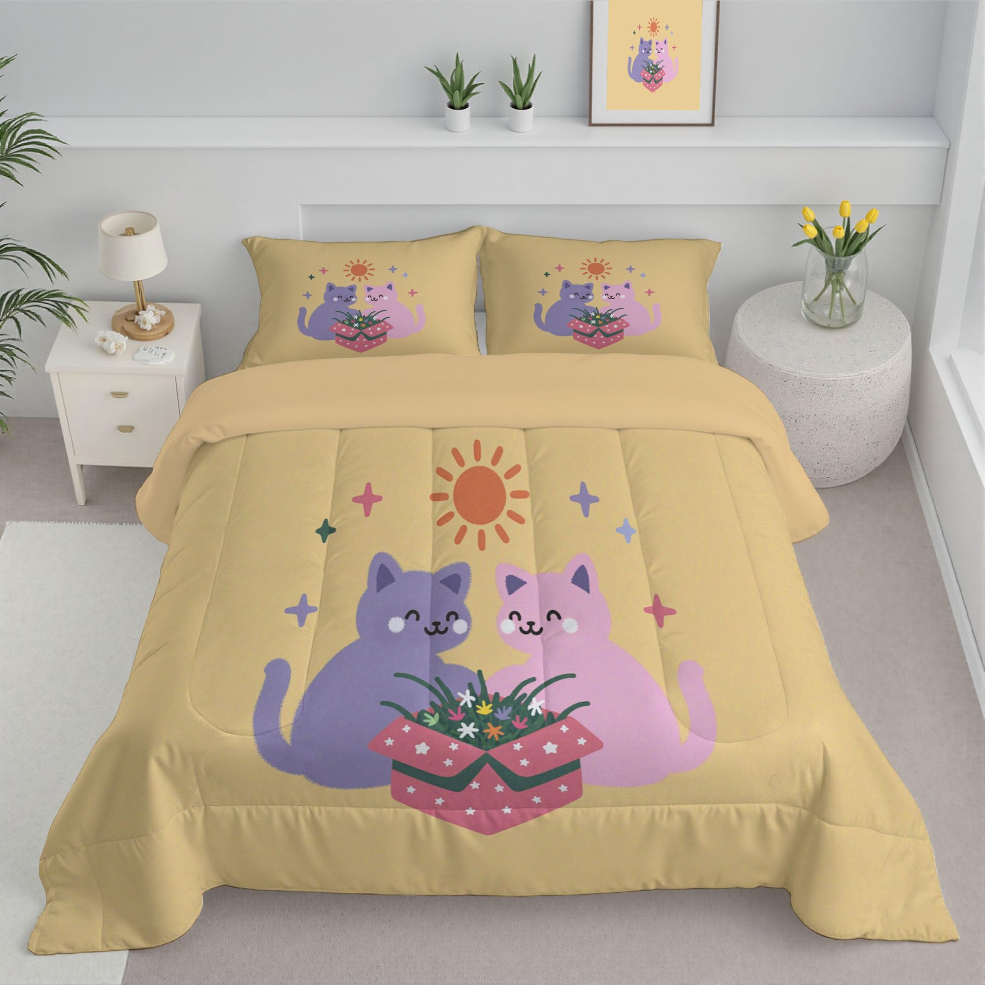 Trapunta Letto Singolo 4 Stagioni Piumone per Bambini, Semplice Gatto Sole Leggero Astratto Animali Set di Biancheria da Letto 140x200cm con 1 Federe,Piumino Lavabile In Lavatrice
