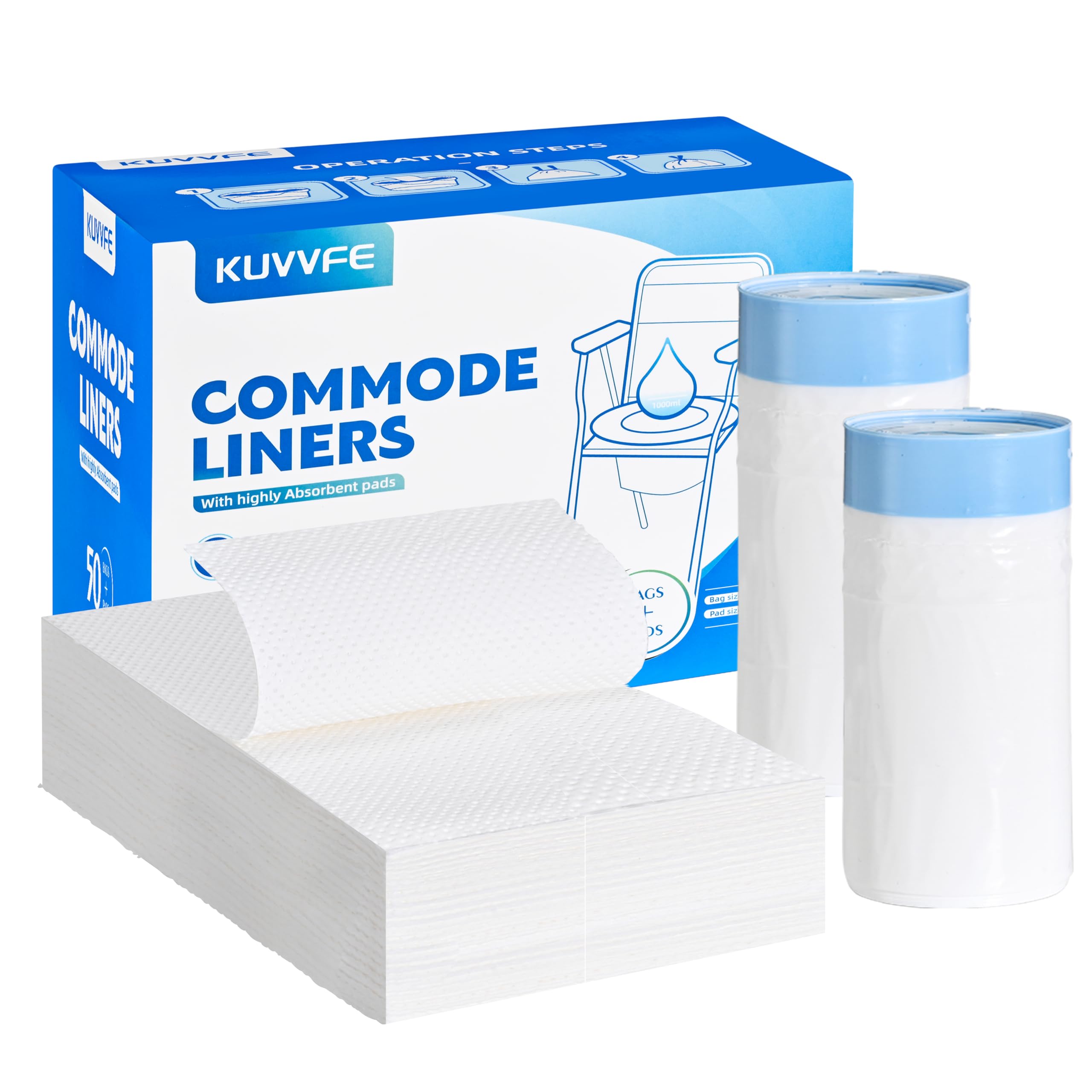 50 Pack Bedside Commode Liners with 50 Pack Super Absorbent Pad, Applicable to Disposable Toilet Iiners for Adult Bedside Portable Toilet Chairs, Camping Toilet (50Bags+50Pads)