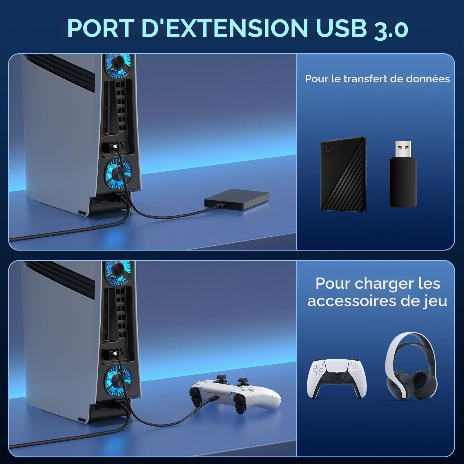 Ventilateur de refroidissement pour PS5 Pro, ventilateur de refroidissement efficace avec vitesse réglable/lumière LED, accessoires de refroidissement à température contrôlée PS5 PRO avec port USB 3.0