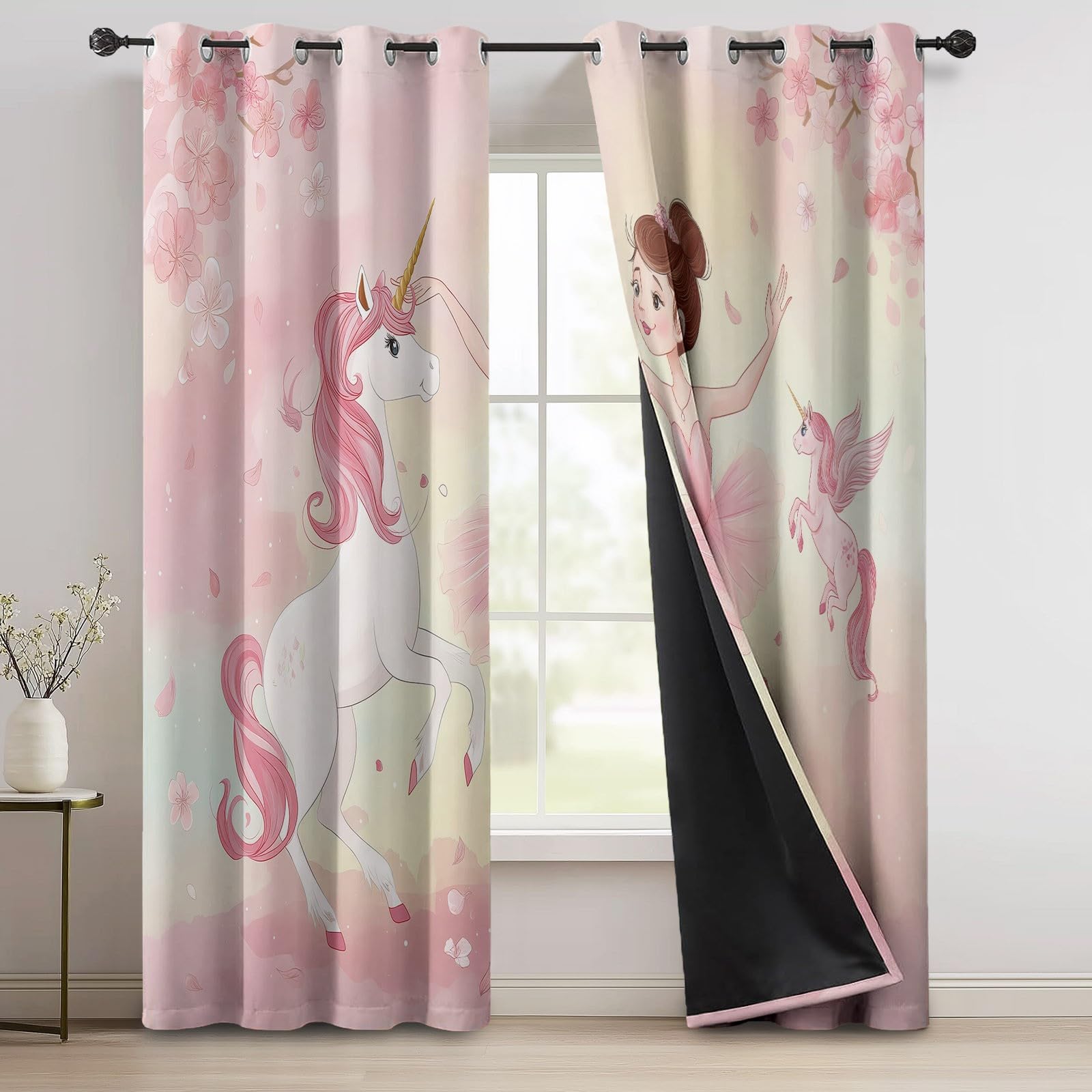 Rideau Occultant Fantaisie 2 Pièces L140×H260 cm, Motif Licorne Ballerine Fleur, Rideau Thermique Isolant Anti Chaleur à Oeillets Isolation Lumiere Anti UV Decoration, Chambre De Bébé Chambre De Fille