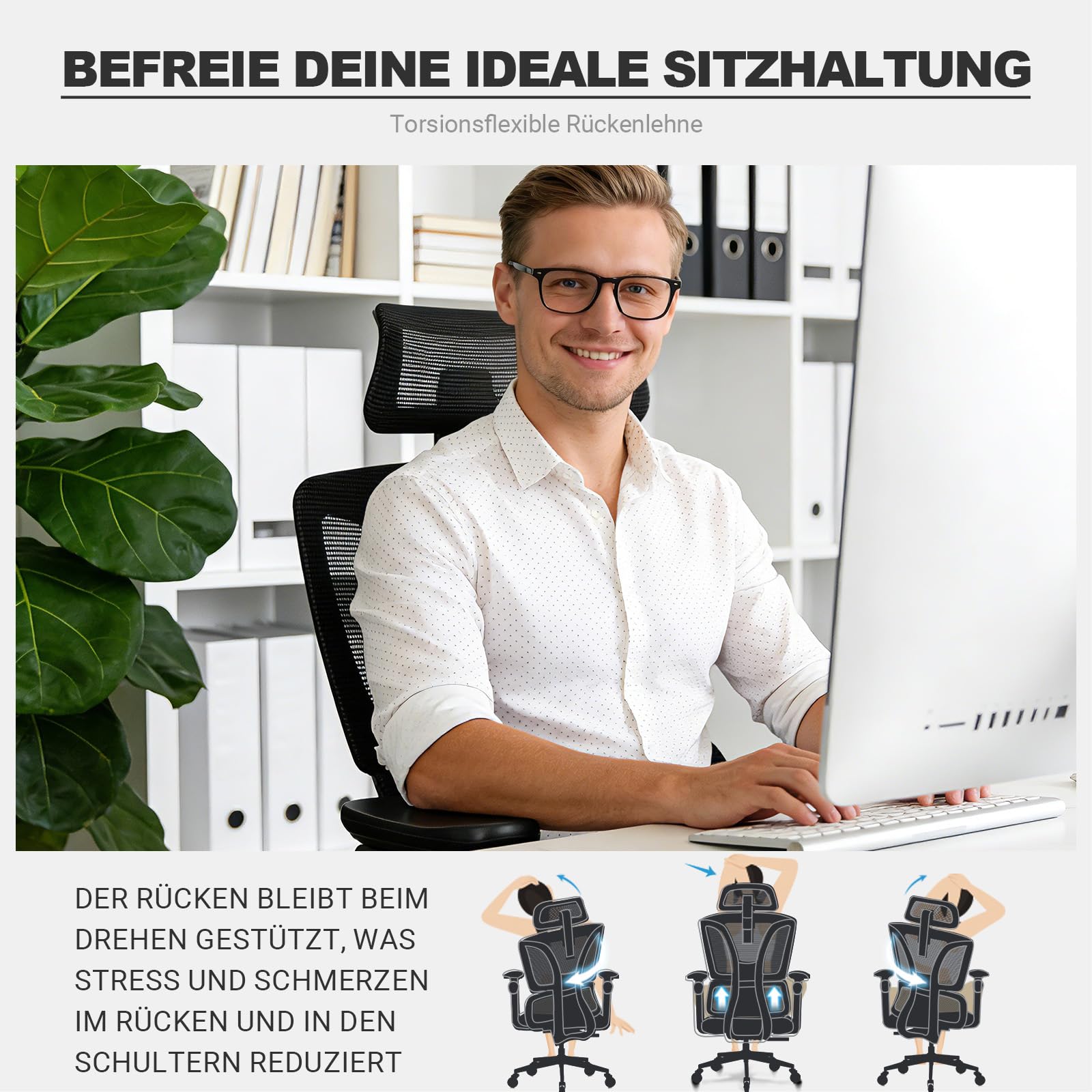 MELOKEA Bürostuhl Ergonomisch, 7D-Armlehnen, Verstellbare Sitztiefe, 4-Stufen Neigung, Gummirollen, Hohe Rückenlehne, Ergonomischer Lordosenstütze, Langes Sitzen, Homeoffice & Gaming, Bürostuhl 200KG