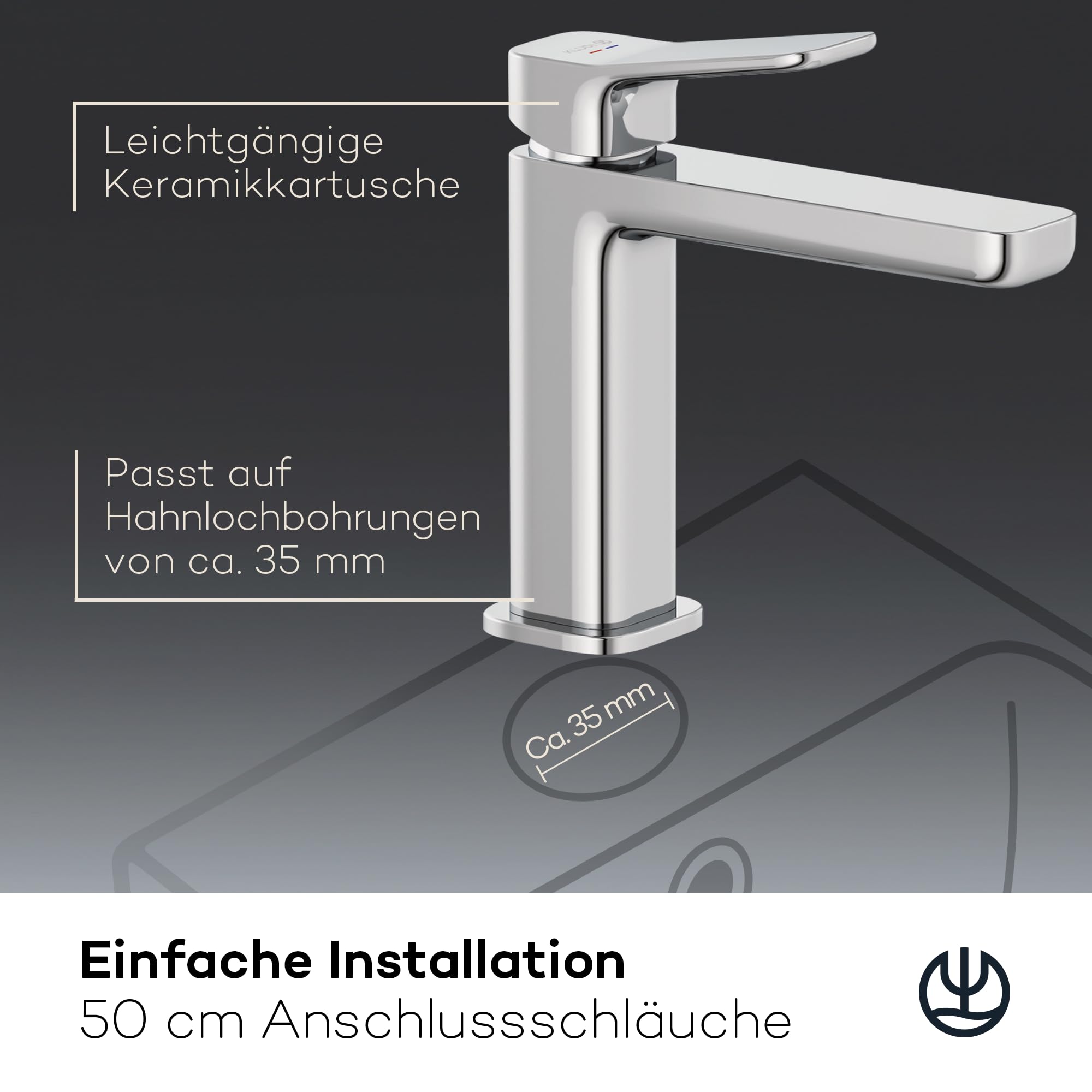 KLUDI-X3 Waschtischarmatur mit Push-Open Ablaufgarnitur, Auslaufhöhe 110 mm, wassersparender Wasserhahn Bad Größe M, Keramikkartusche, Mischbatterie Waschbecken inkl. Anschlussschläuche in Chrom