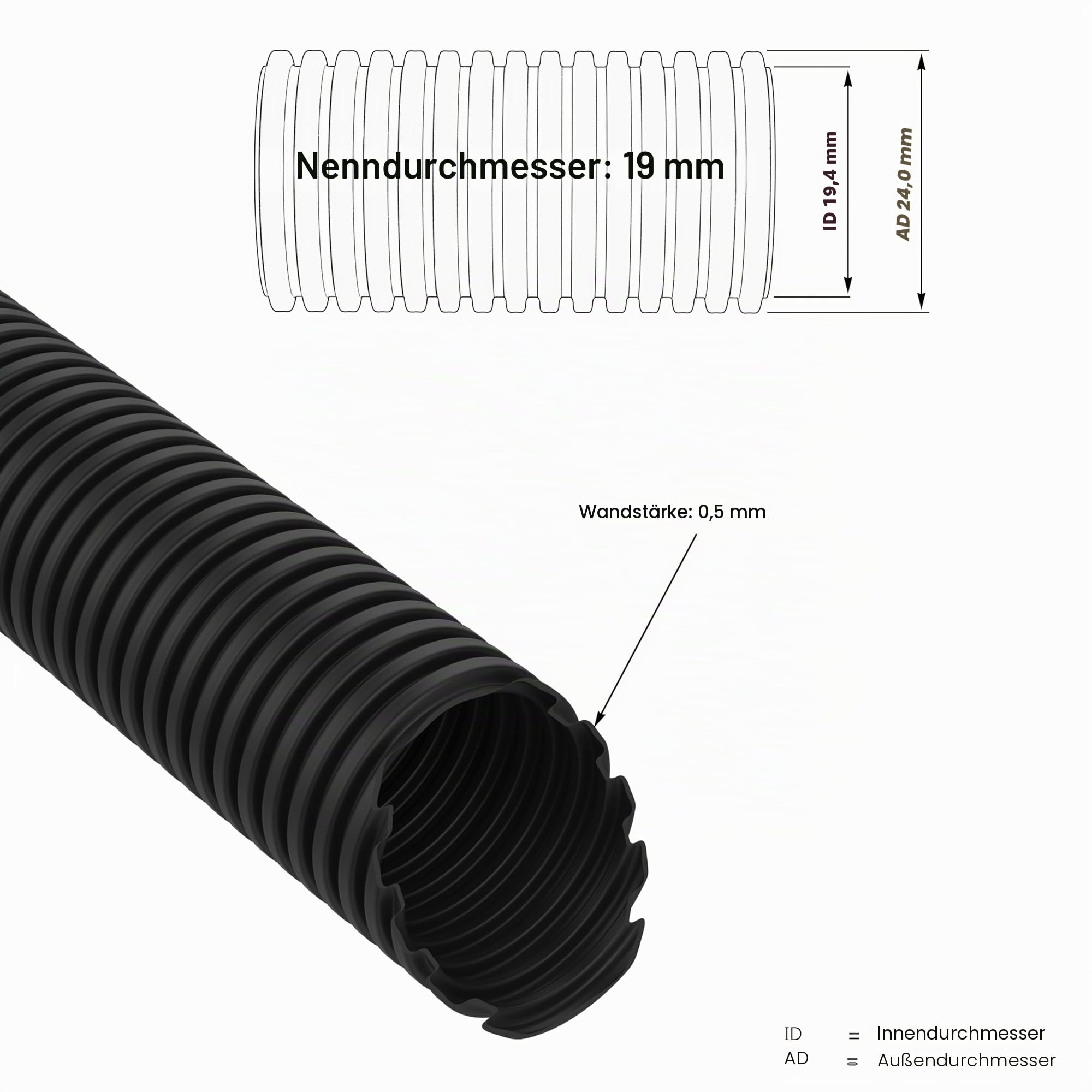 AUPROTEC Wellrohr ungeschlitzt 2 bis 50m / Leerrohr für Erdkabel/Wellrohr UV beständig/Kabelschutzschlauch/Kabelschlauch schwarz - Innendurchmesser 19 mm, Länge 50 m