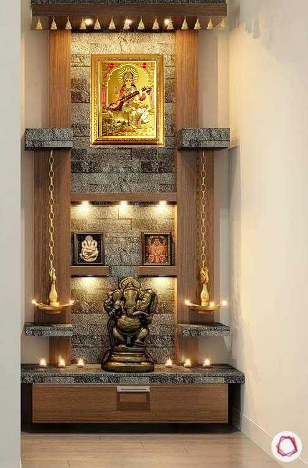 Suninow Wood Saraswati Maa Photo Frame, Wall Mount (Gold). 1