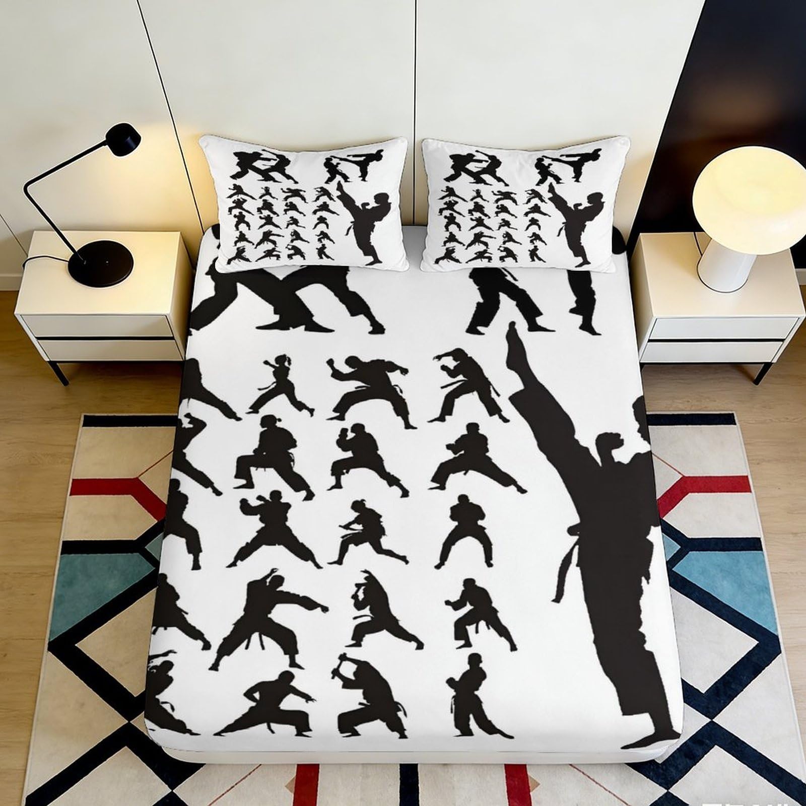 3D Printed Martial Arts Silhouettes Fitted Sheet Microfiber Soft Breathable Karate Figures Bed Cover for Bedroom Dormitory Guest Room Mattress Protection Decor 160x200x25cm