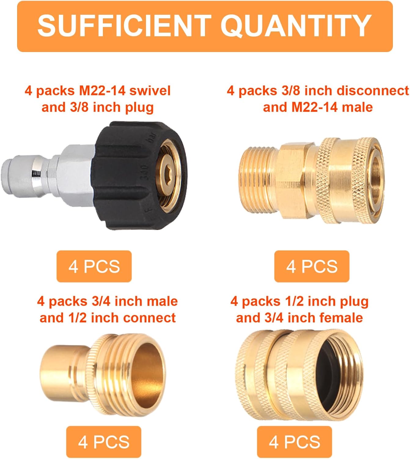 16 Packs Pressure Washer Adapter Set Quick Disconnect Kit 3/8 Inch to Quick Release Plug M22-14mm Swivel to 1/2 Inch Quick Connect Hose Fittings Kit 3/4 Inch Swivel Female Male for Garden Hoses