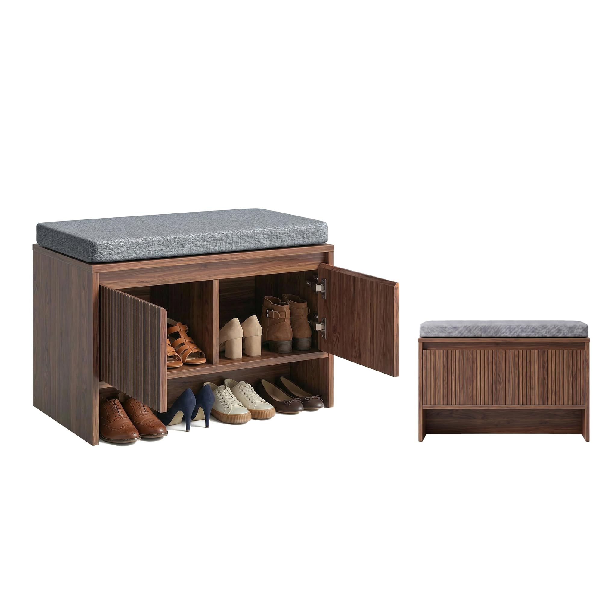 Schuhbank mit Sitzfläche und Stauraum in Walnuss Optik, Moderne Sitzbank Flur mit Lamellen Design, gepolsterte Schuhkommode mit Soft Close Türen, Elegantes Flurmöbel 65 cm