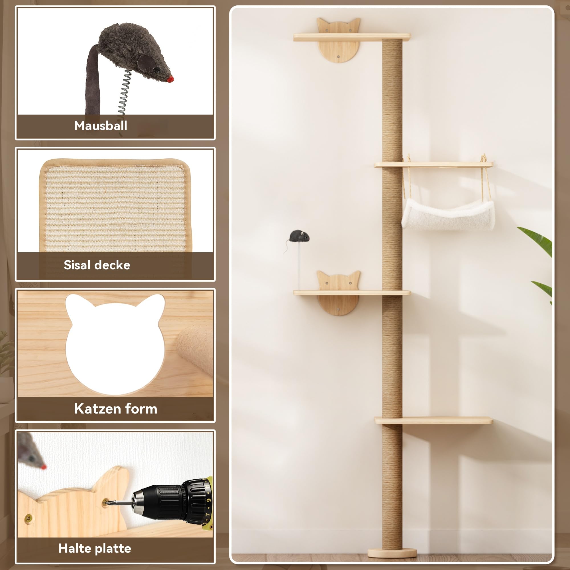 Kratzbaum für Katzen Wand Klettern 4 Etagen Katzenturm(176 cm) aus Natürliches Kiefernholz Katzenregal mit Hängematte und Sisal-Kratzmatte Federnde Spielmaus Kletterwand für Wohnungskatzen