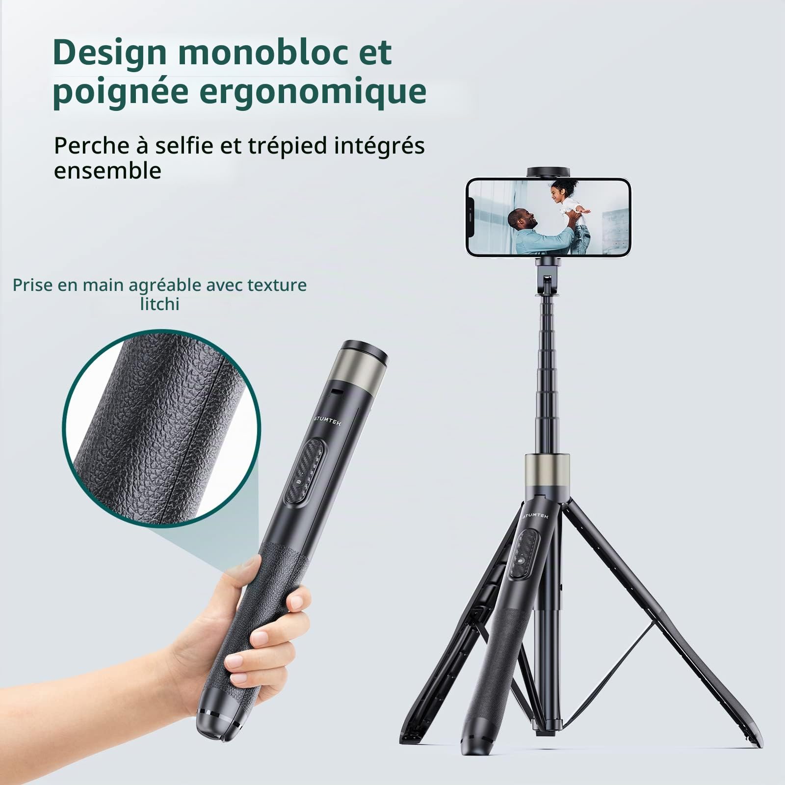 ATUMTEK 165cm Perche Selfie, Perche à Selfie avec Télécommande Bluetooth Amovible, Trepied Smartphone Extensible pour iPhone et Android, Enregistrement Vidéo, Blogage, Streaming en Direct, Noir