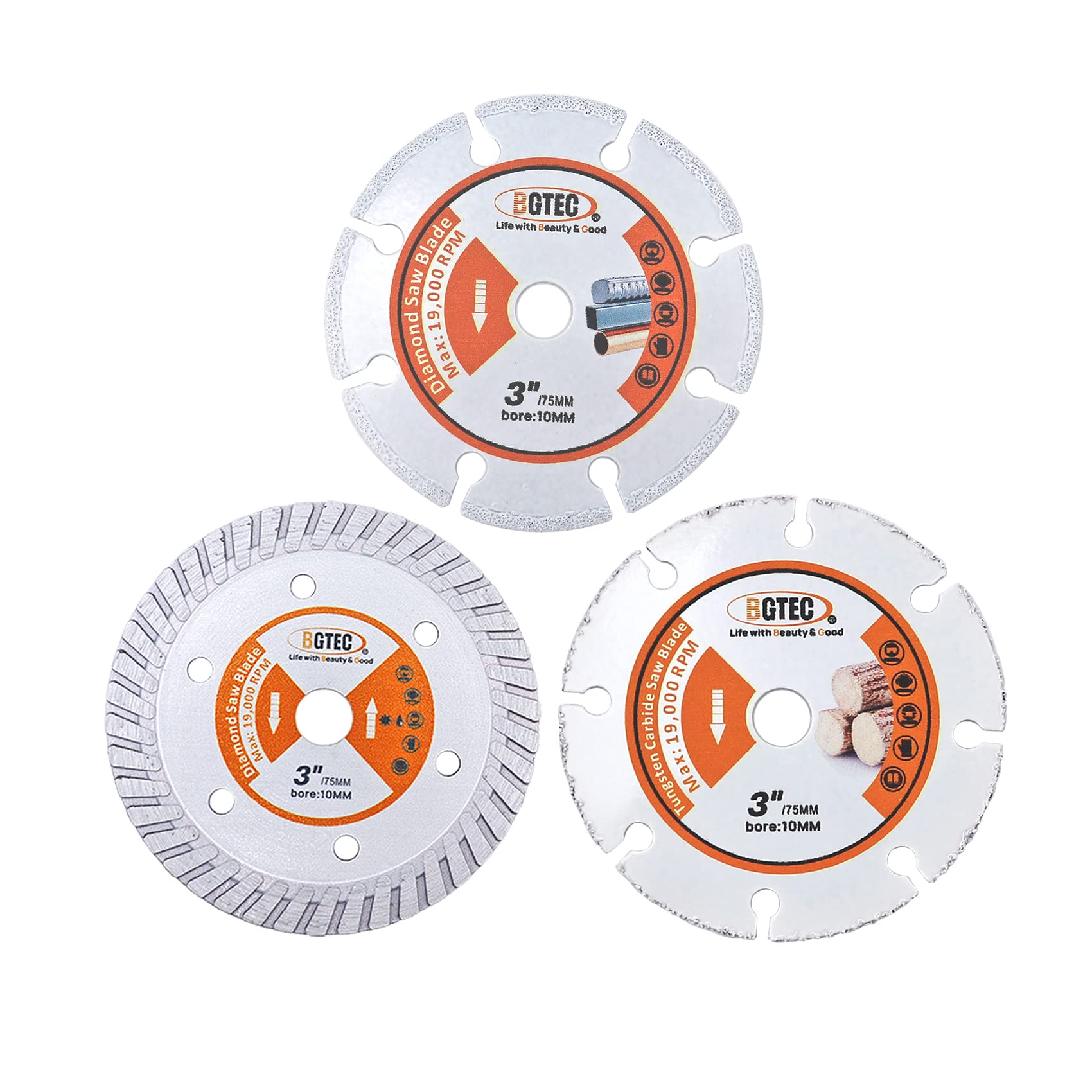 BGTEC Diamond Cutting Blade,3pcs 3in/75MM x 3/8in/10MM Arbor Circular Saw Blade for Wood Metal Concrete Angle Grinder