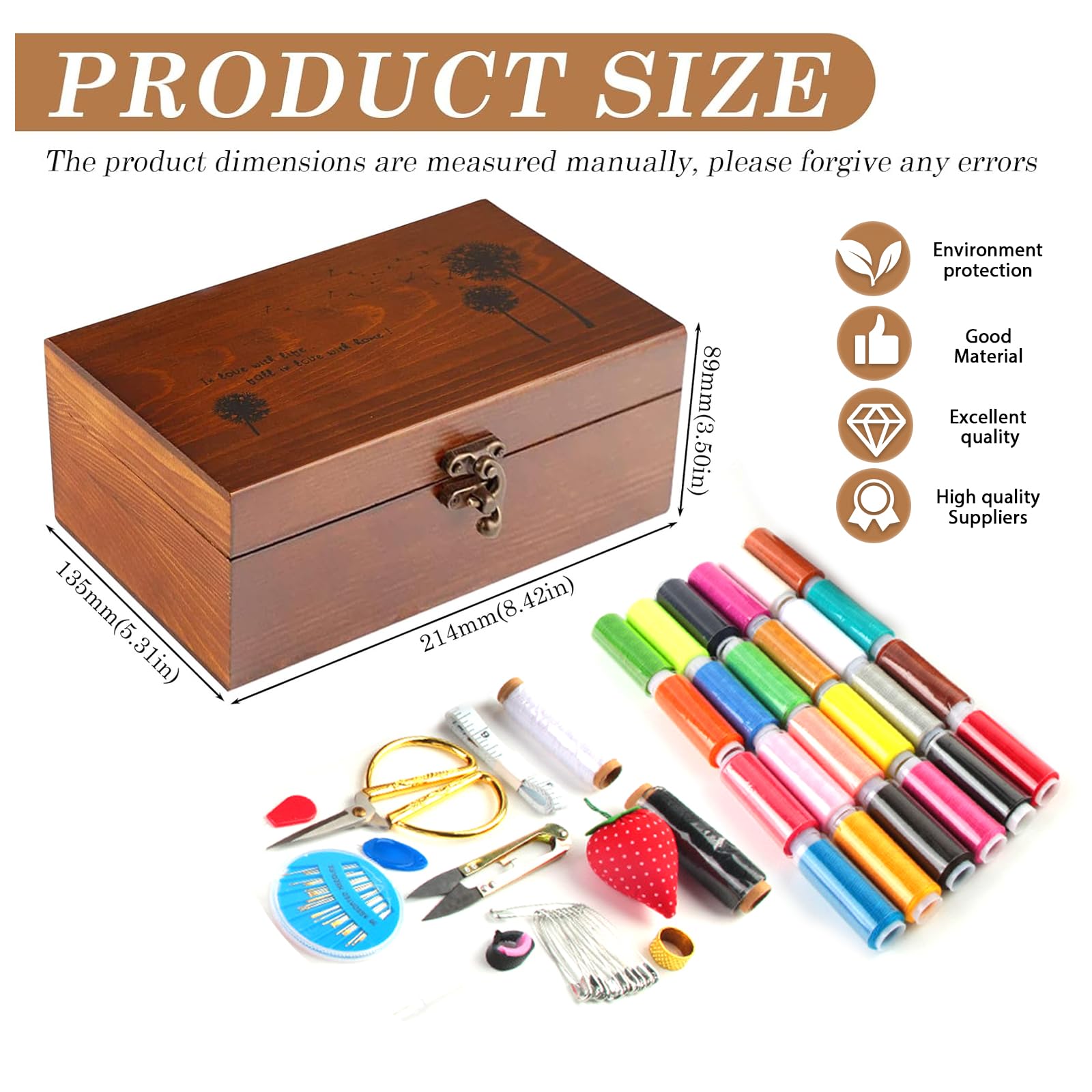 WANDGU Set di 37 scatole in legno con kit di cucito di base e accessori di alta qualità