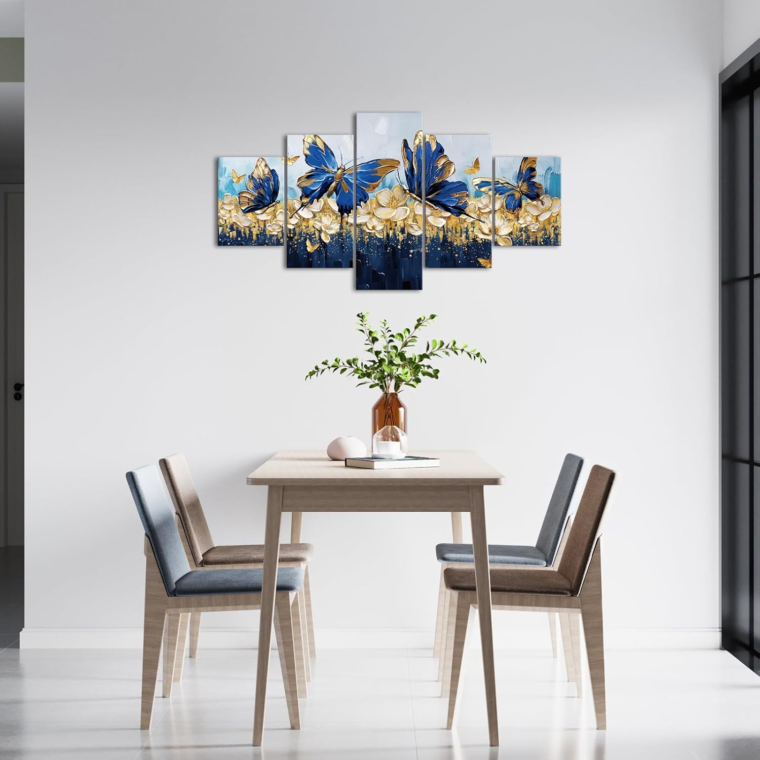 Saypeacher Butterfly Wall Art Blue and Gold Wall Decor Flowers Canvas Painting for Bedroom Living Room