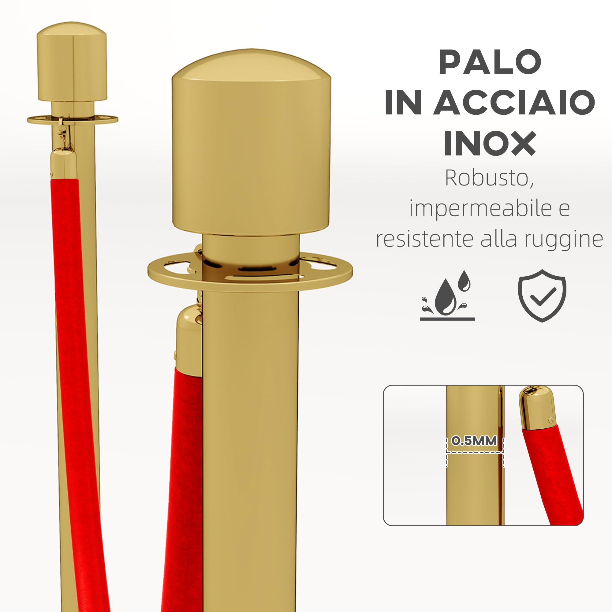 HOMCOM Colonnine Segnapercorso con Corda Vellutata di 1.5 m e Base Riempibile, Paletti Delimitazione in Acciaio Inox, Ø32x96 cm, Oro e Rosso