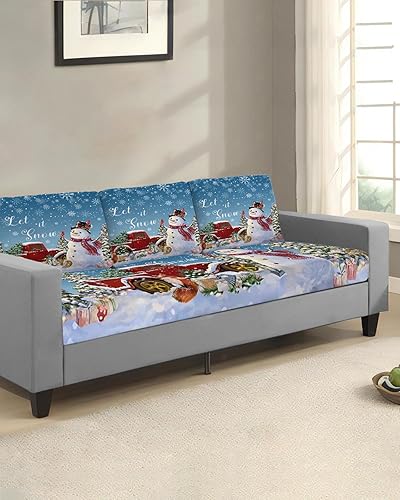 Miniatura 2 de Fundas de cojín para sofá de Navidad con diseño de muñeco de nieve azul, funda elástica para sofá con parte inferior elástica, diseño de árbol de