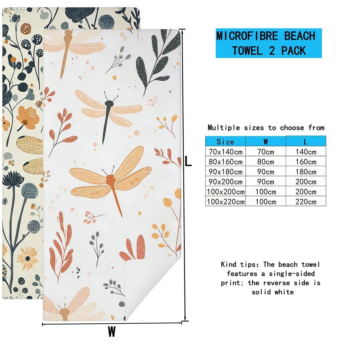 Telo Mare Microfibra, Telo Mare Grande 90x200cm 2 Pezzi, Asciugamano Palestra Donna Asciugatura Rapida, Antisabbia Asciugamano Microfibra, Leggero Asciugamani Palestra per Regalo (Libellula) -4414