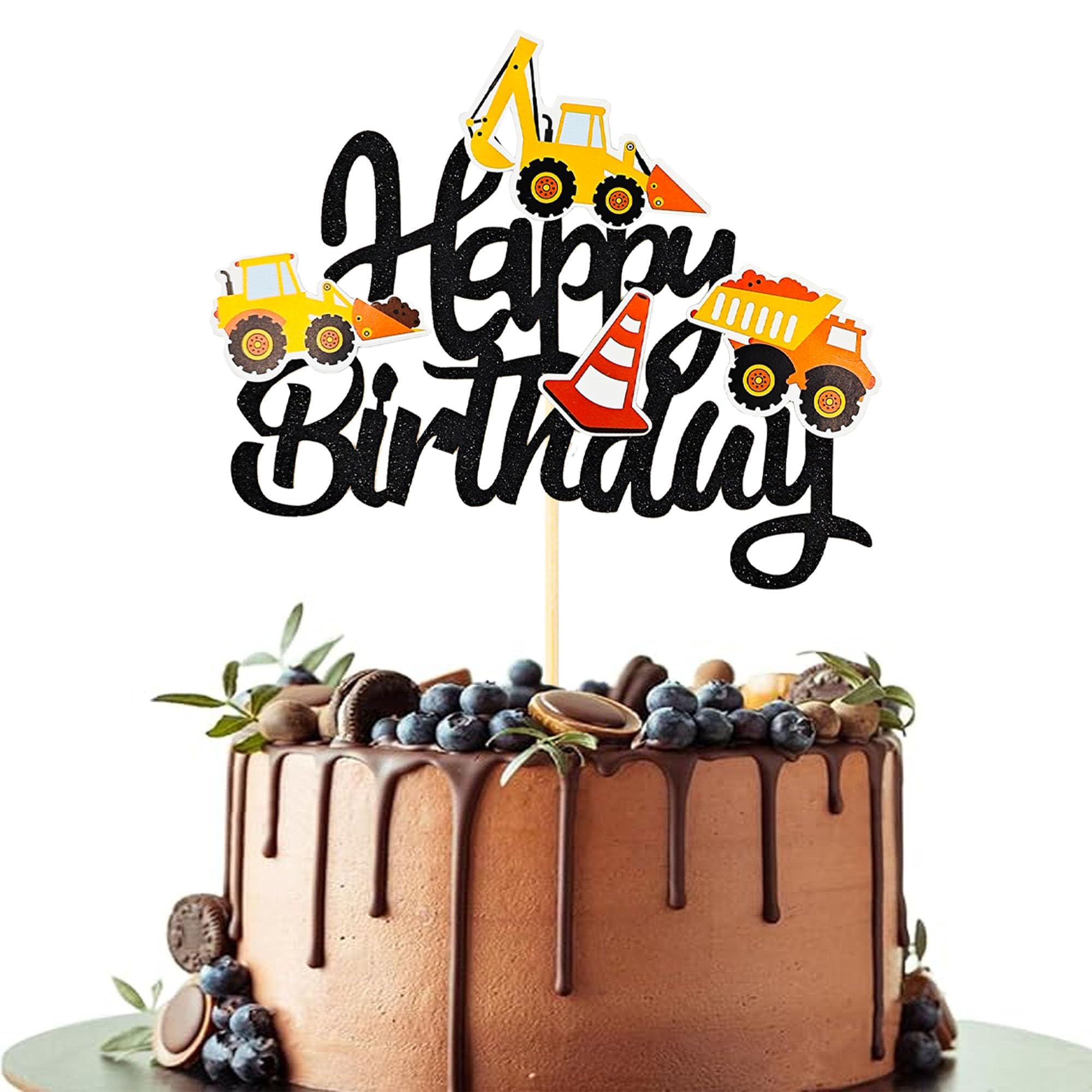 Glitter Construction Happy Birthday Cake Topper - Dump Truck Excavator Tractor Cake Decor for Construction Theme Birthday & Baby Showers Cake Decoration