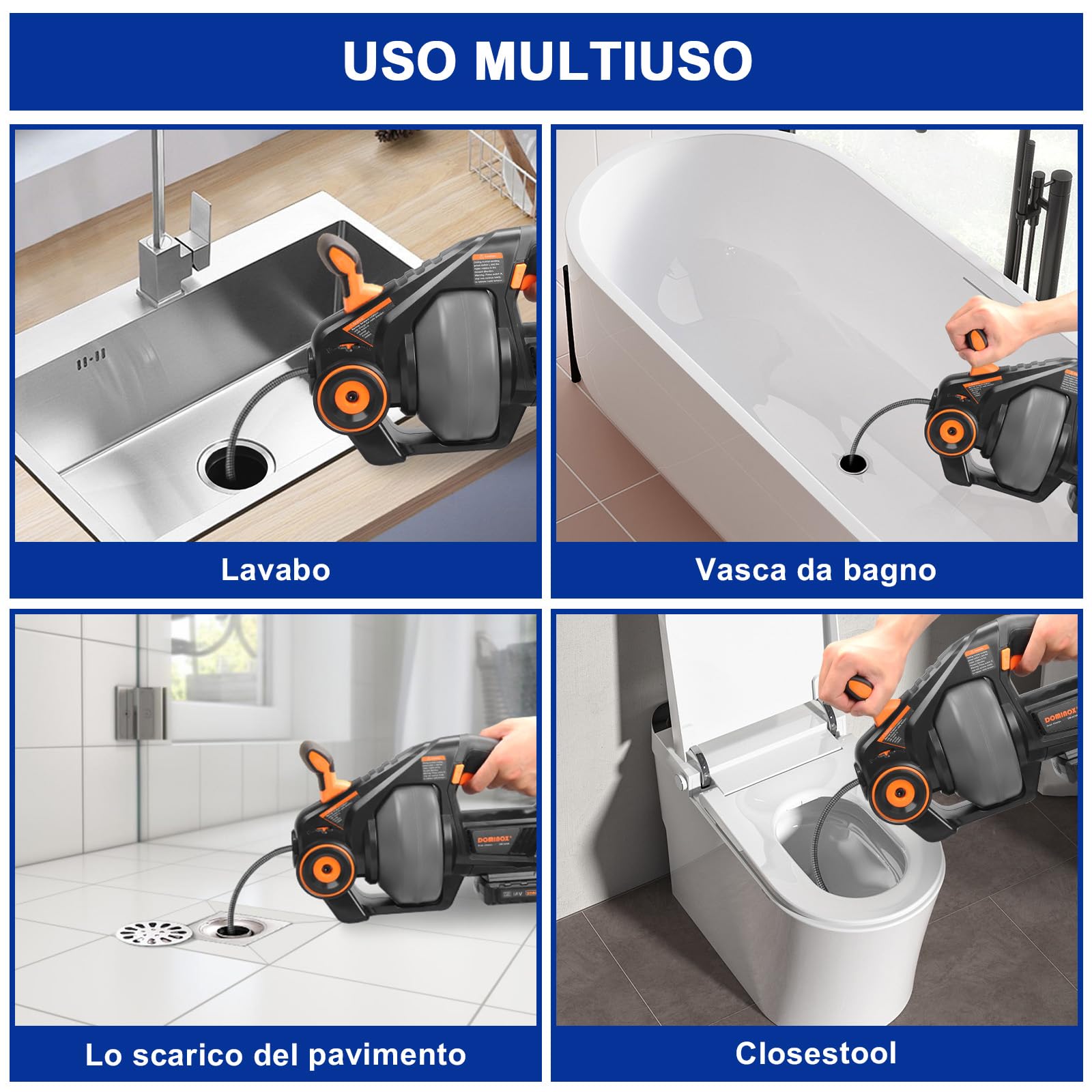 7,6M Trivella di Scarico Elettrica, 18V (Max 20V) Pulitore di scarico senza fili per WC, Fogna, Bagno, Lavello, Tubo 1,9-5CM