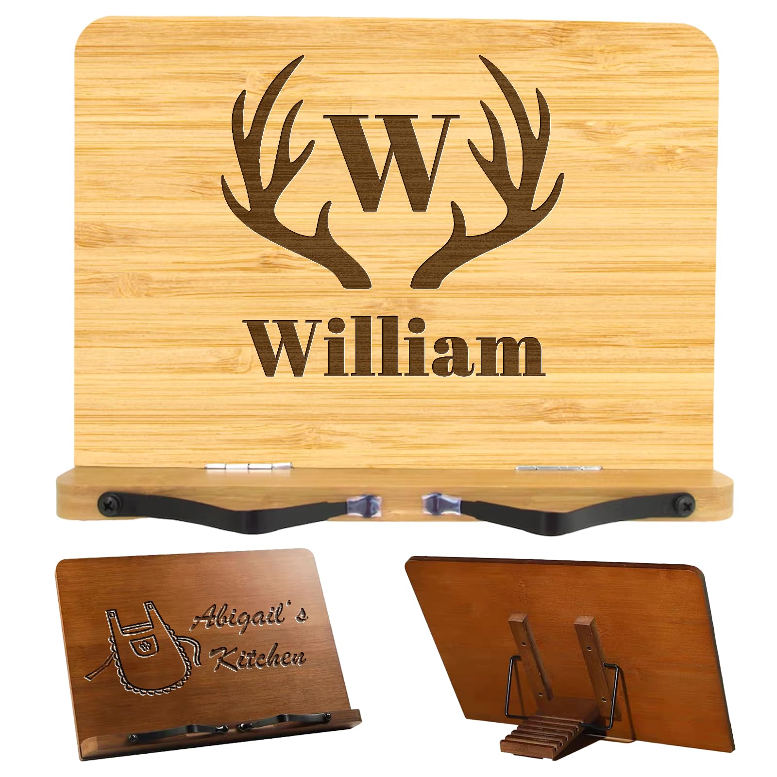 Personalized Book Stand for Reading, Custom Bamboo Cookbook Stands Book Holder with 5 Adjustable Height, Foldable Book Holder for Textbook, Receipe,